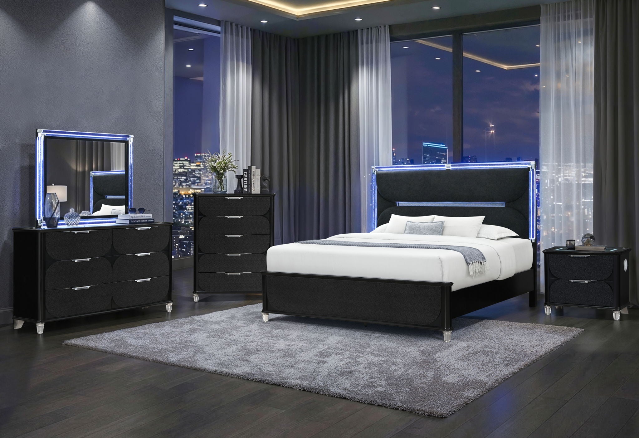 Lando - 5 Piece King Bedroom Set (Bed, Dresser & Mirror, Nightstand, Chest) - Black