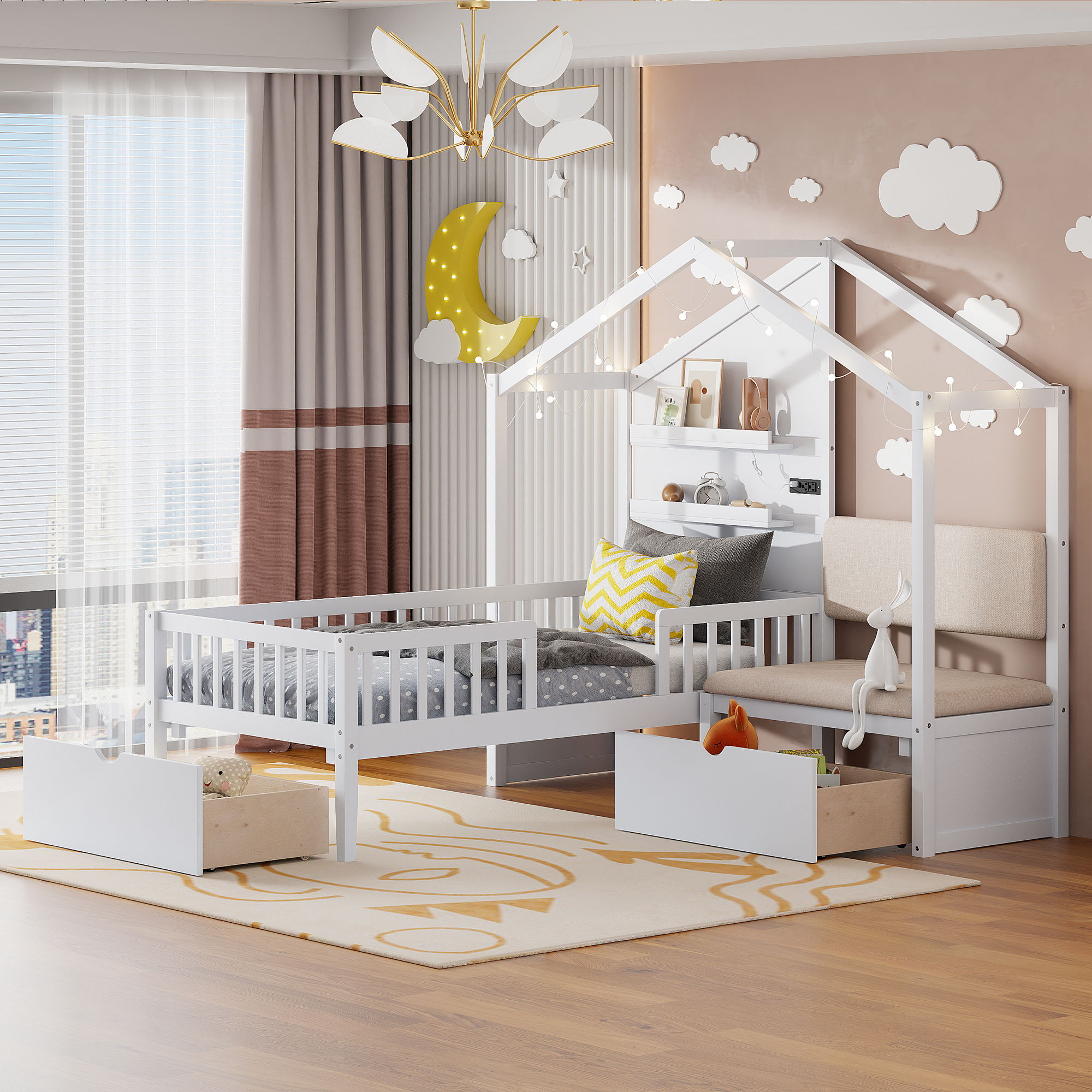 House Bed With Upholstered Sofa, Wireless Charging Station, Shelves And 2 Drawers
