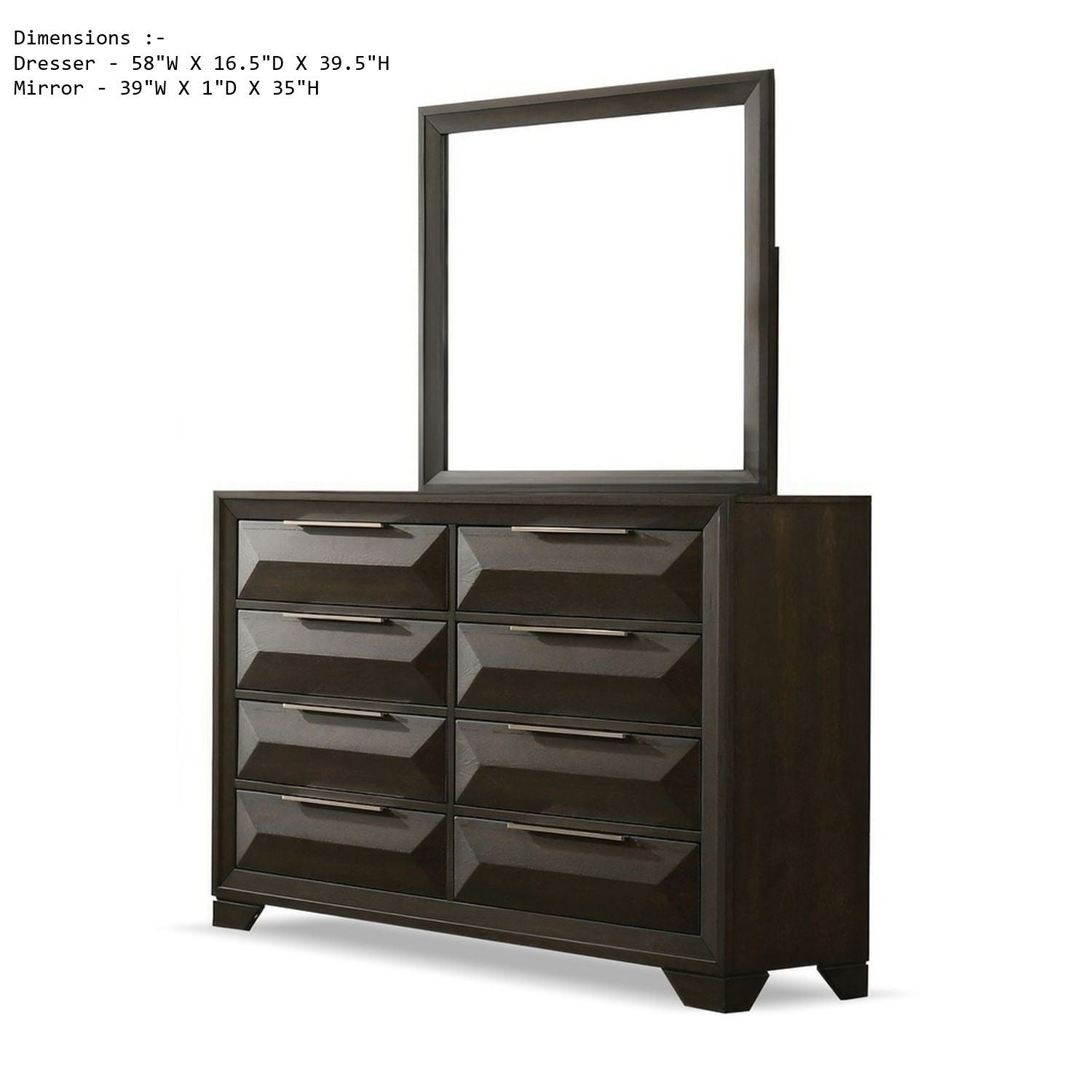 Dresser With Mirror Beveled Bracket Feet Handles 8 Drawers - Espresso