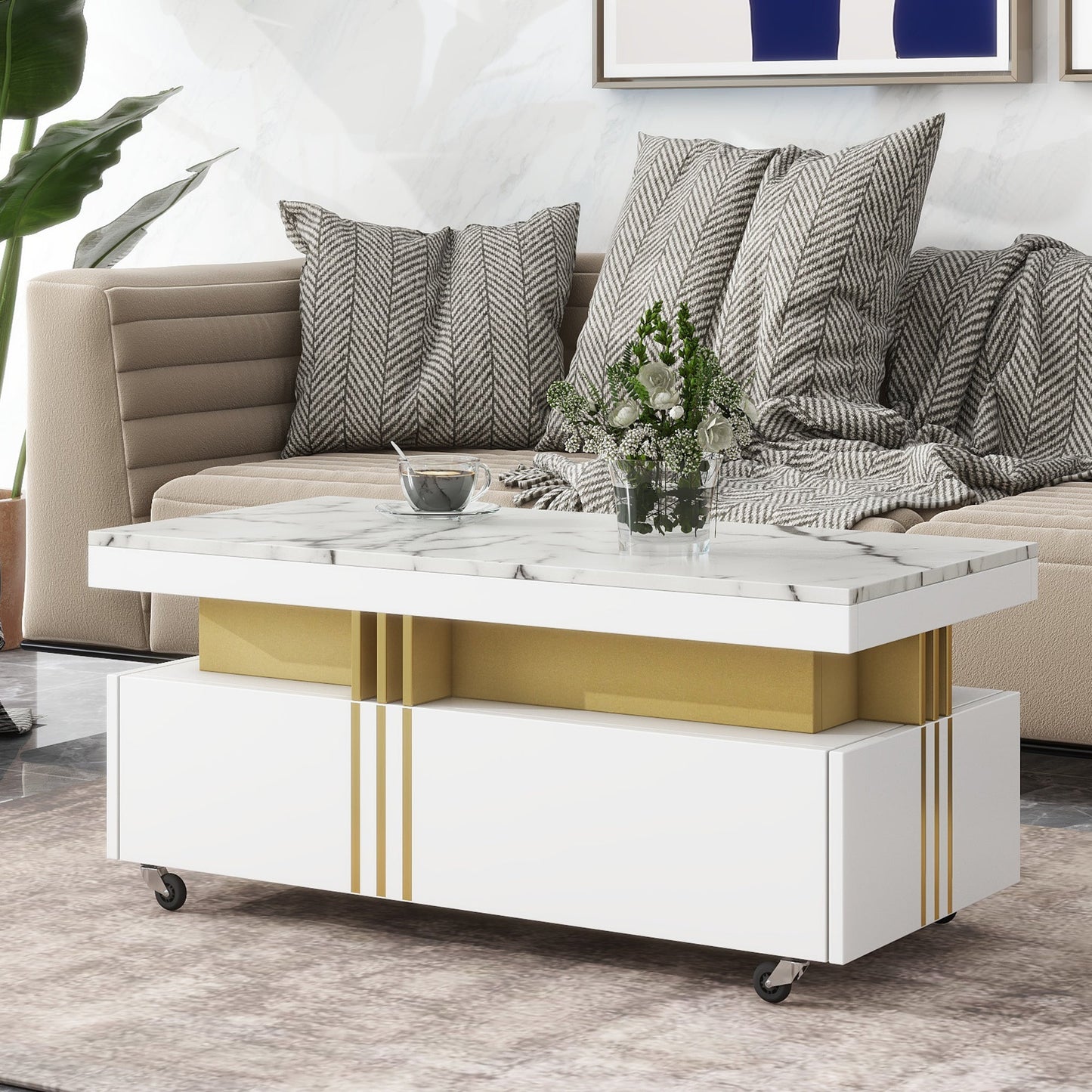 Contemporary Coffee Table with Faux Marble Top, Rectangle Cocktail Table with Caster Wheels, Moderate Luxury Center Table with Gold Metal Bars for Living Room, White