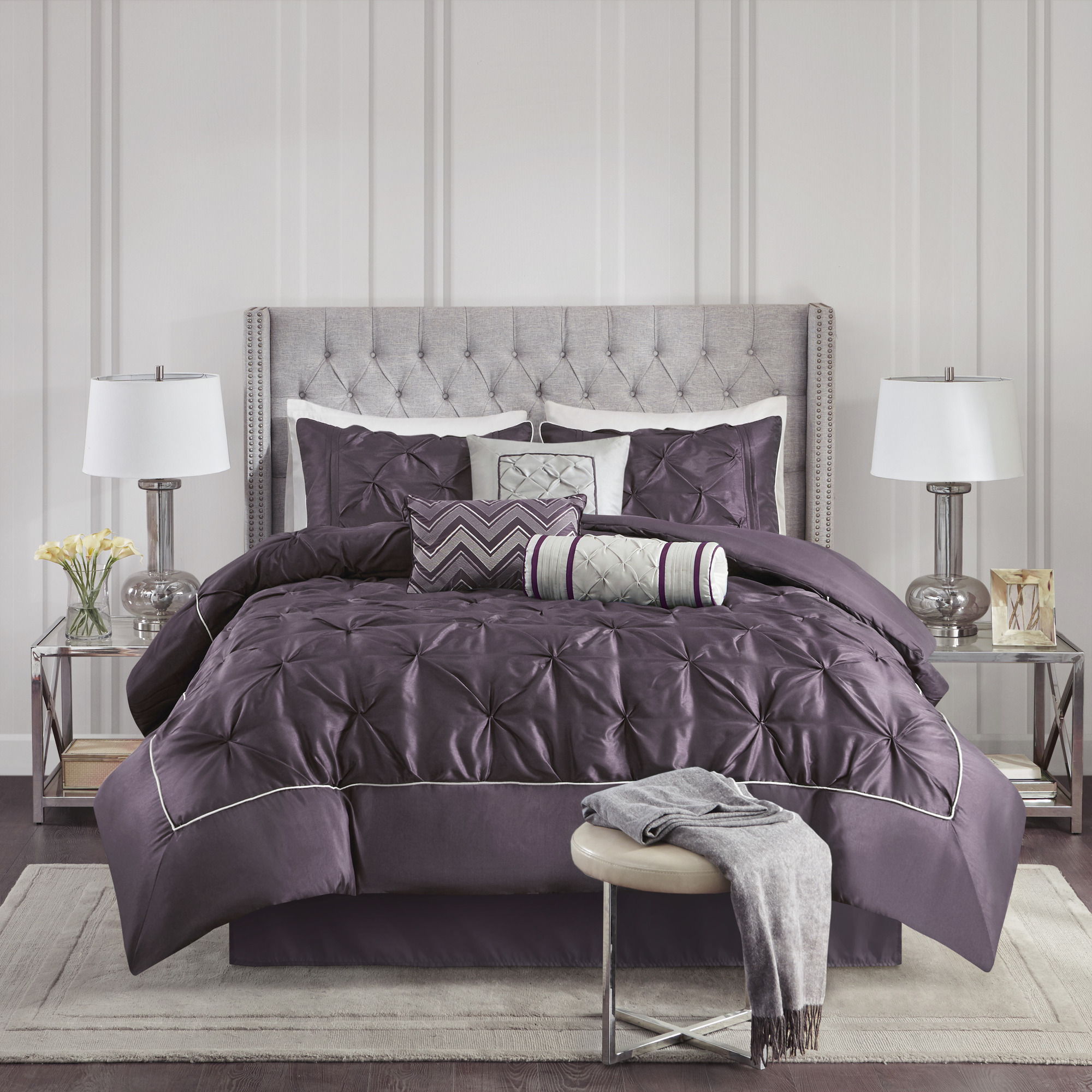 Laurel - Queen Pieced Pleated 7 Piece Tufted Comforter Set - Plum