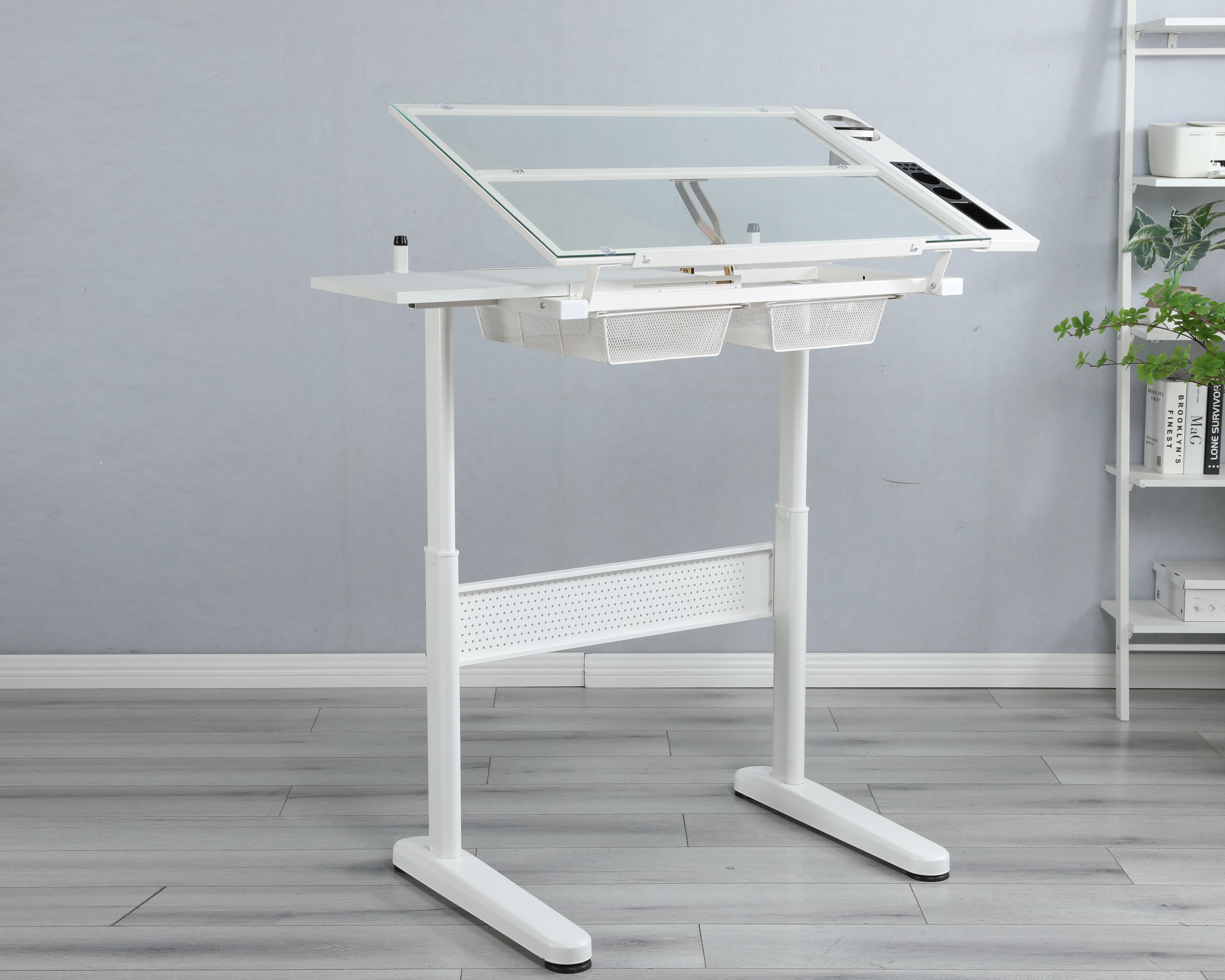 Hand Crank Adjustable Drafting Table Drawing Desk With 2 Metal Drawers With Stool