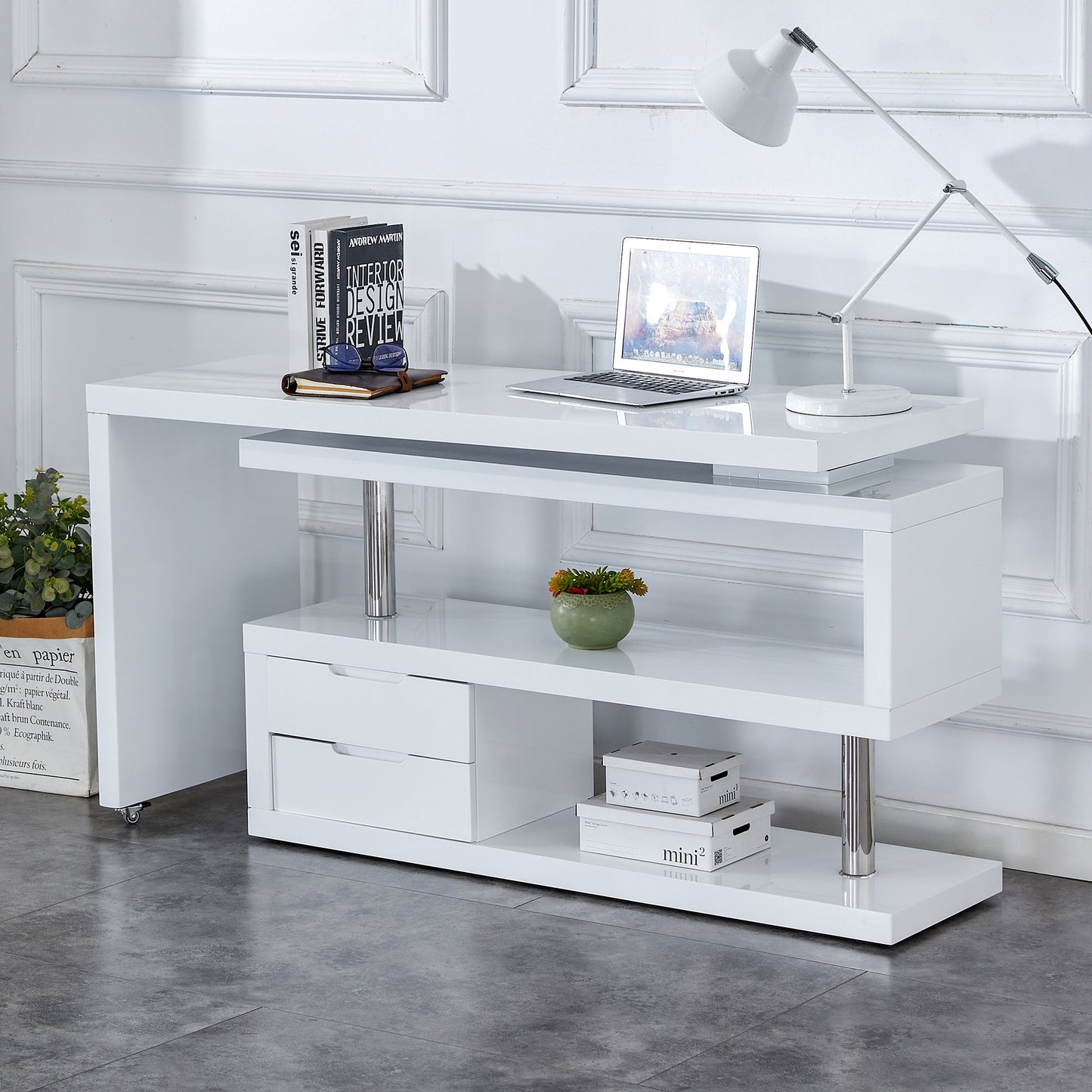 White environmentally friendly high-density board, minimalist corner bookshelf and office desk, desktop computer desk, integrated learning and writing corner desk, simple home.