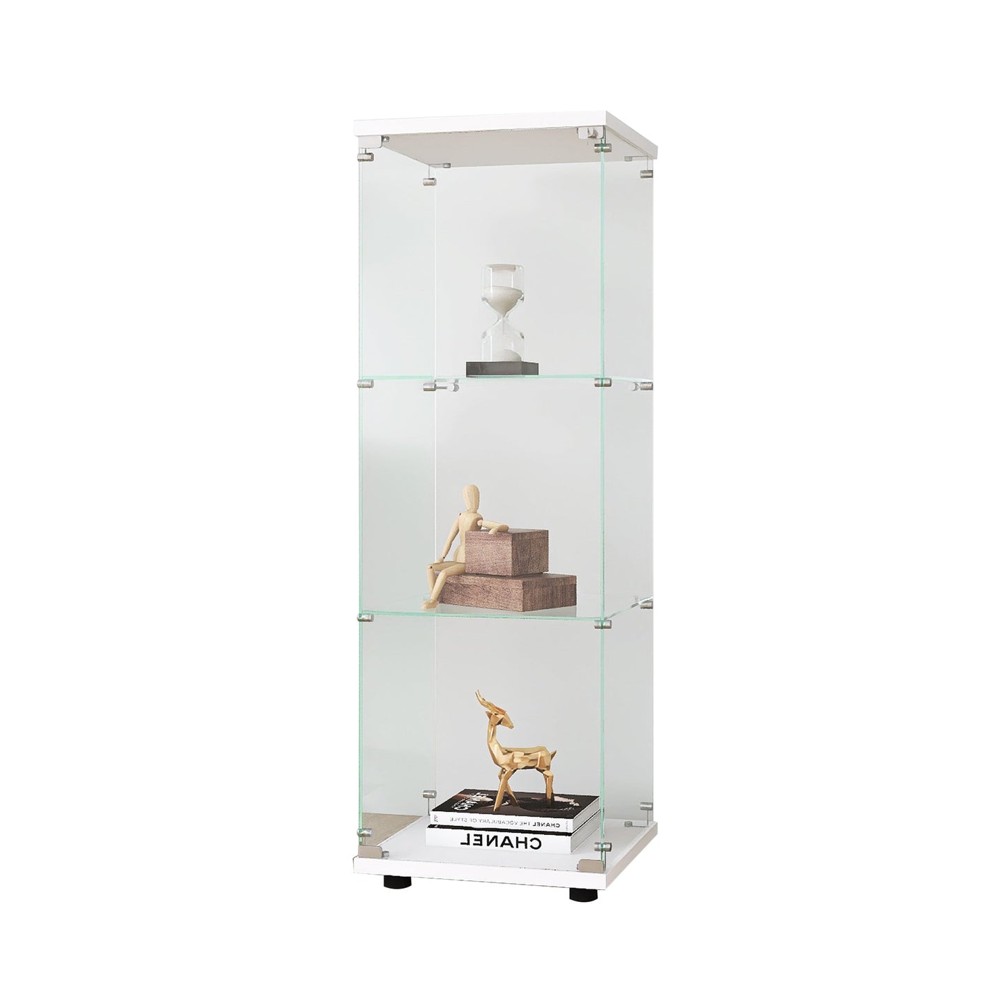 Glass Display Cabinet with 3 Shelves, One-Door Curio Cabinets for Living Room, Bedroom, Office, White Floor Standing Glass Bookshelf, Quick Installation