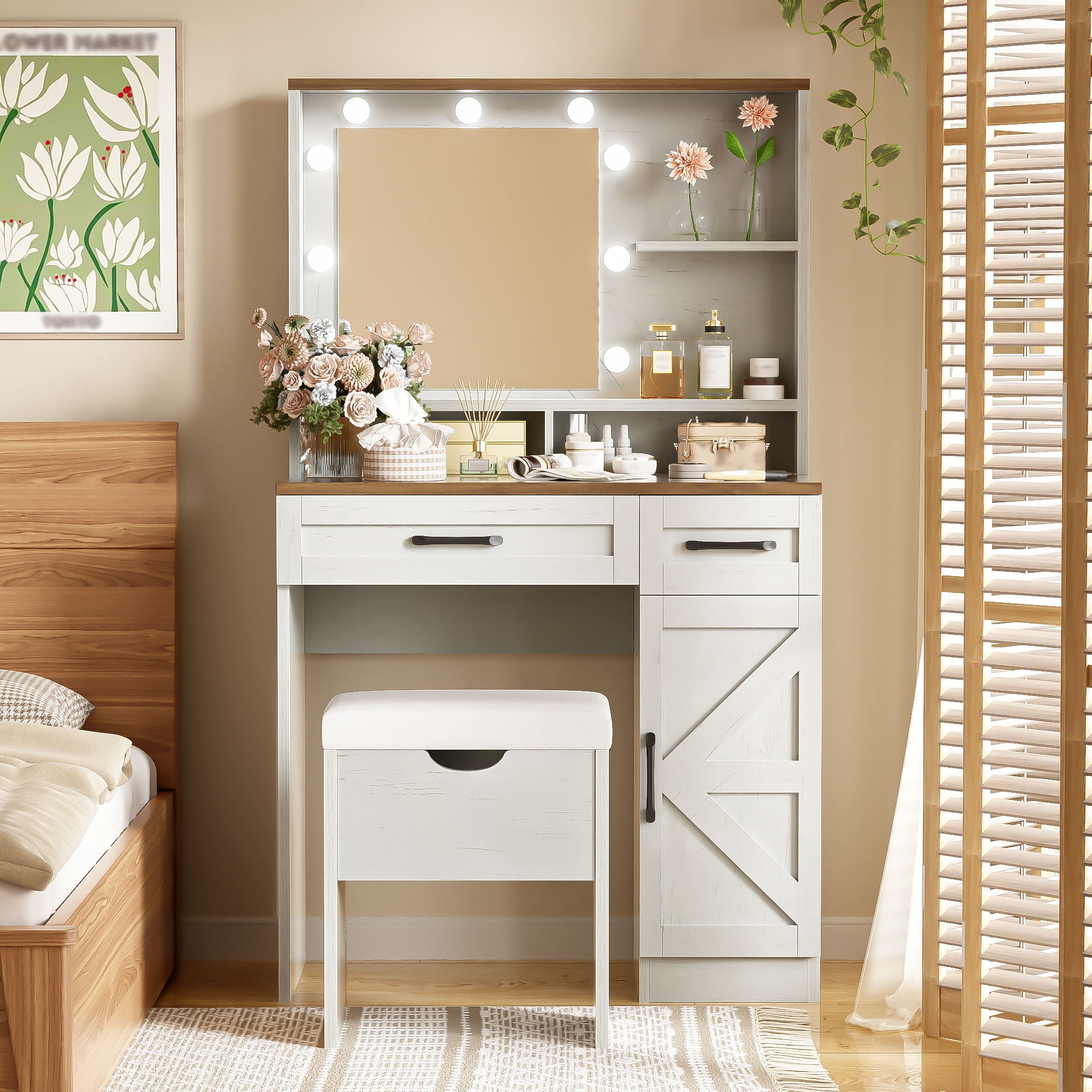 Farmhouse Makeup Vanity Desk With Mirror And Lights, 3 Lighting Modes, Vanity Set With Stool, Dressing Table With Adjustable Shelves, 2 Drawers And Side Cabinet For Bedroom - White