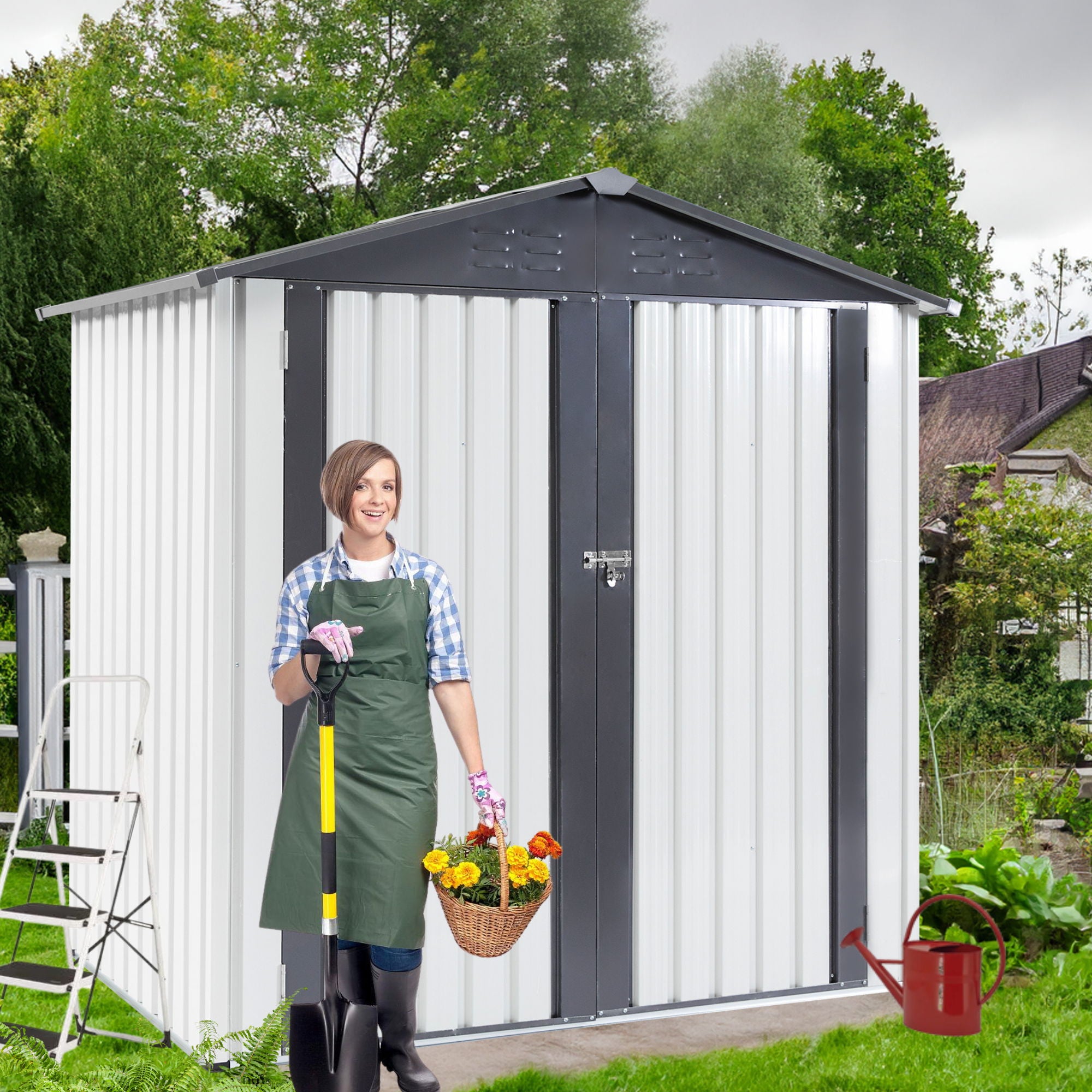 Garden Metal Storage Shed Outdoor Storing Tools Rainproof Hinge Door Version - Gray White