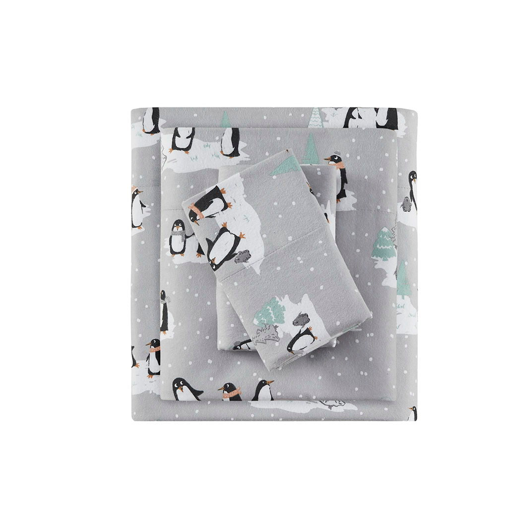 Cozy Flannel - King Printed Sheet Set - Gray Penguins