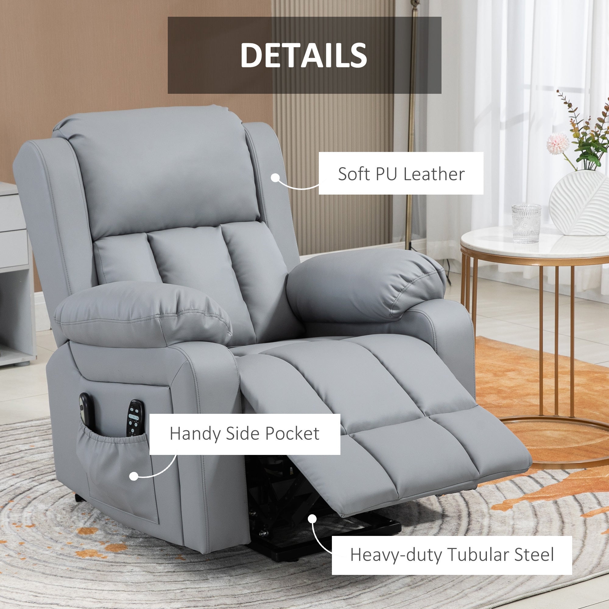 HOMCOM Electric Power Lift Recliner Chair, PU Leather Reclining Chair with Vibration Massage, Heated, Remote Control, Side Pockets, for Elderly, Gray