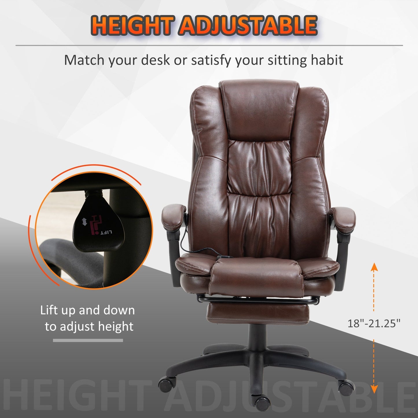 High Back Massage Office Chair with 6-Point Vibration, 5 Modes, Executive Chair, PU Leather Swivel Chair with Reclining Back, and Retractable Footrest, Brown