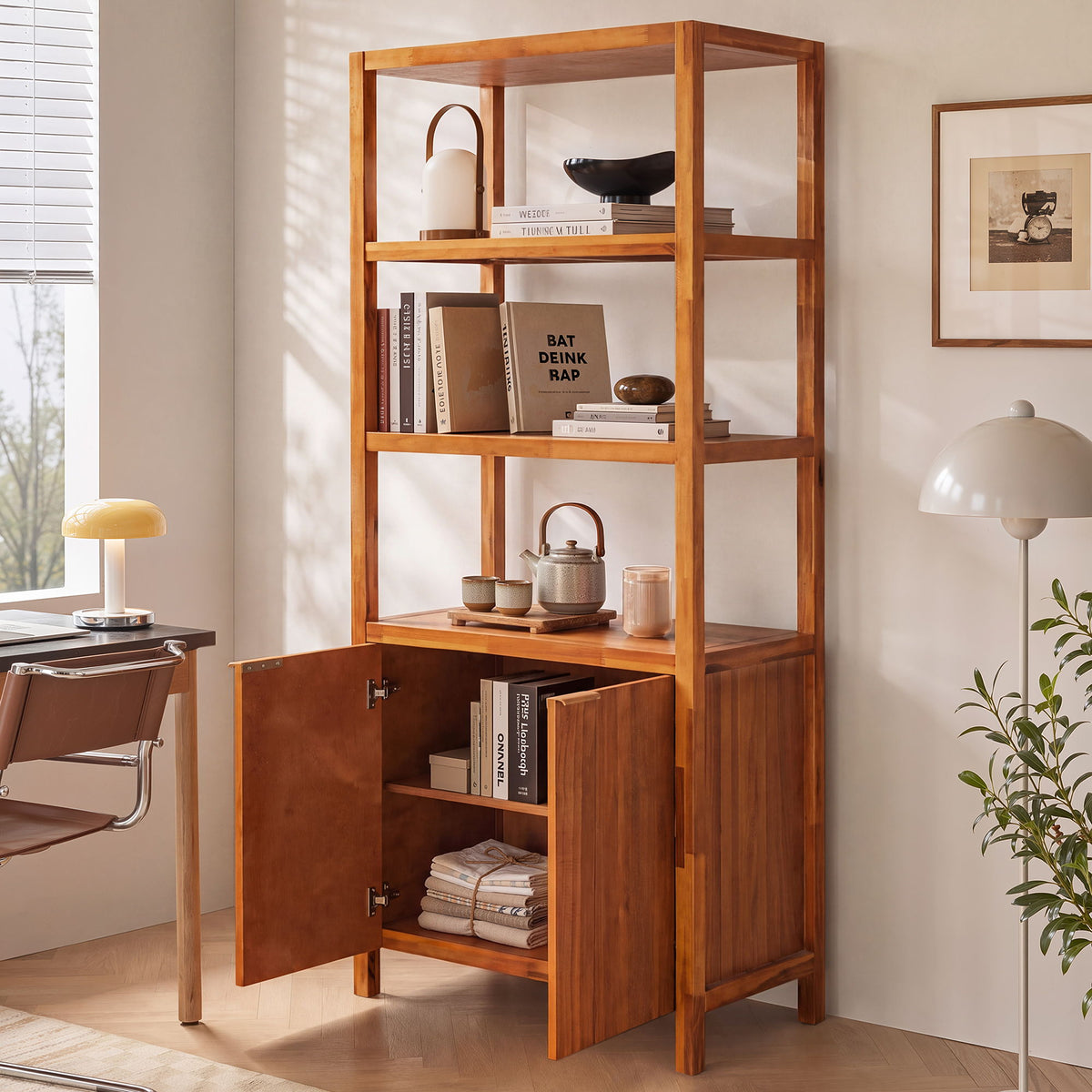 Modern Tall Storage Bookcase Cabinet With 2 Open Shelves & Double Doors