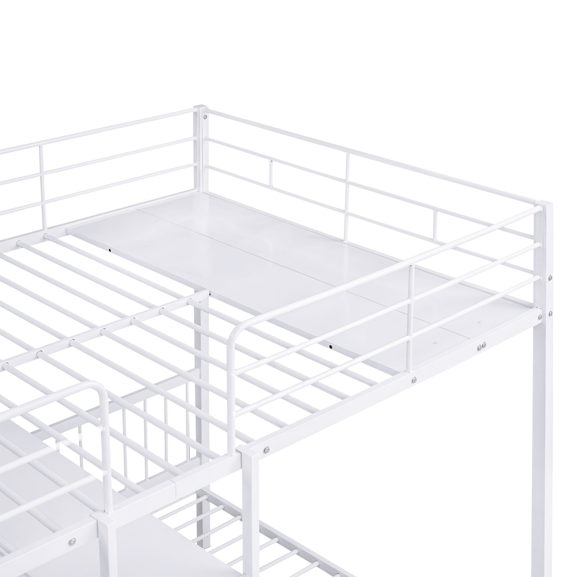 Full Over Twin Metal Bunk Bed with Built-in Desk, Shelves and Ladder, White