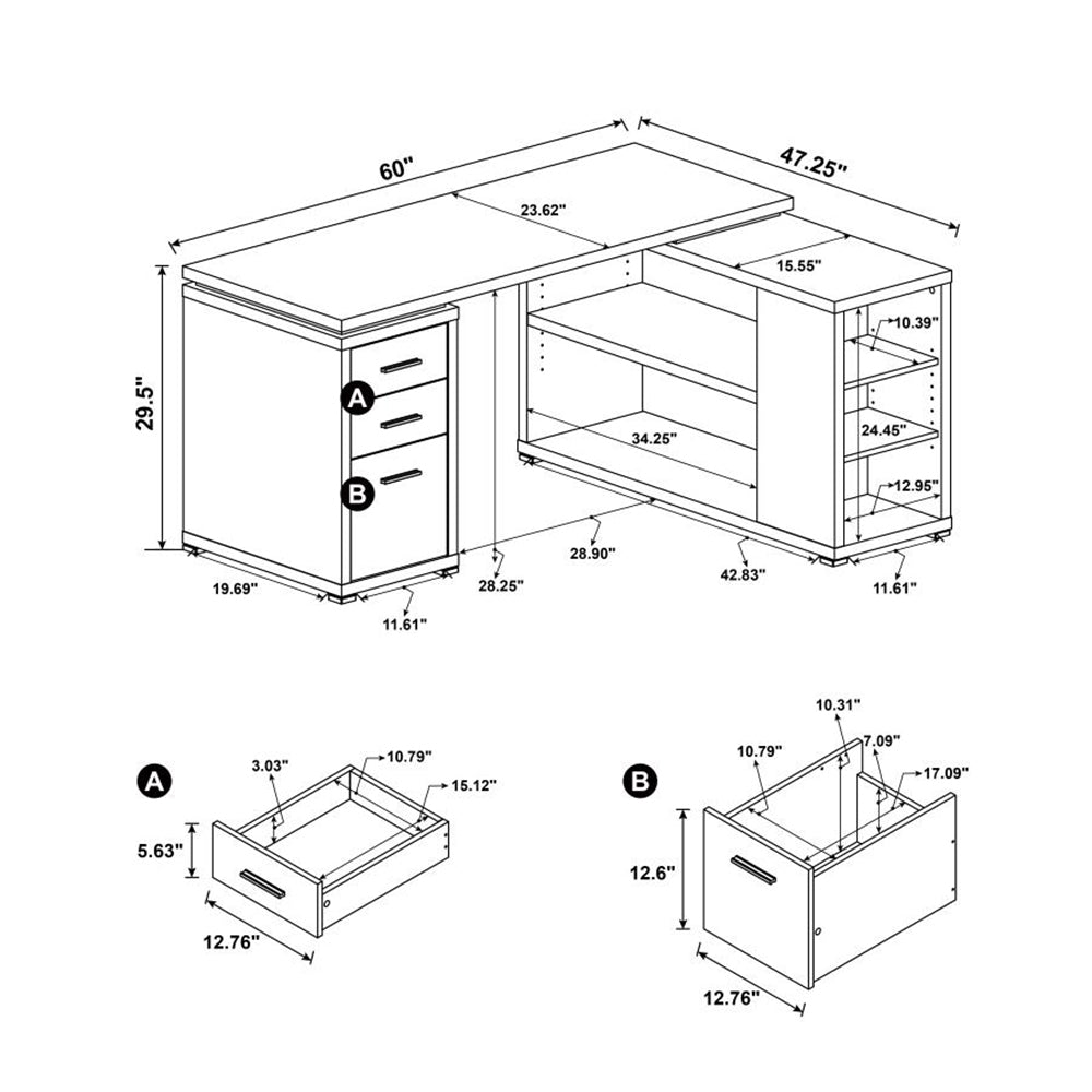 L-Shape Office Desk With Drawers and Shelves, Cappuccino