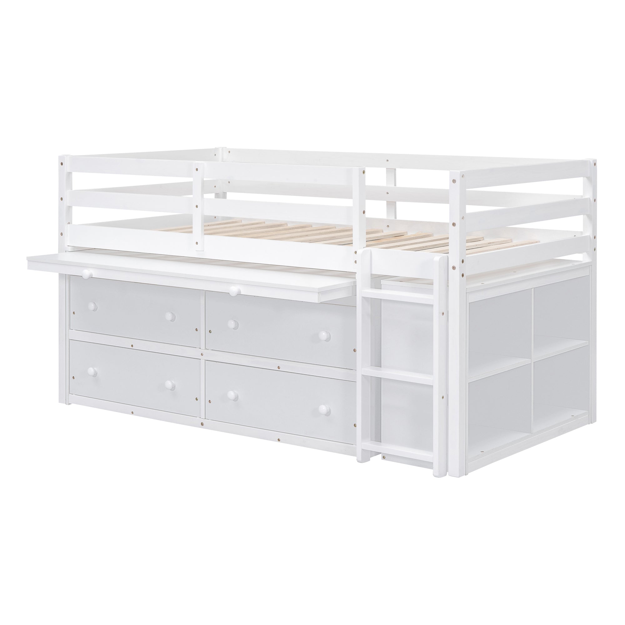 Twin Size Loft Bed with Retractable Writing Desk and 4 Drawers, Wooden Loft Bed with Lateral Portable Desk and Shelves, White