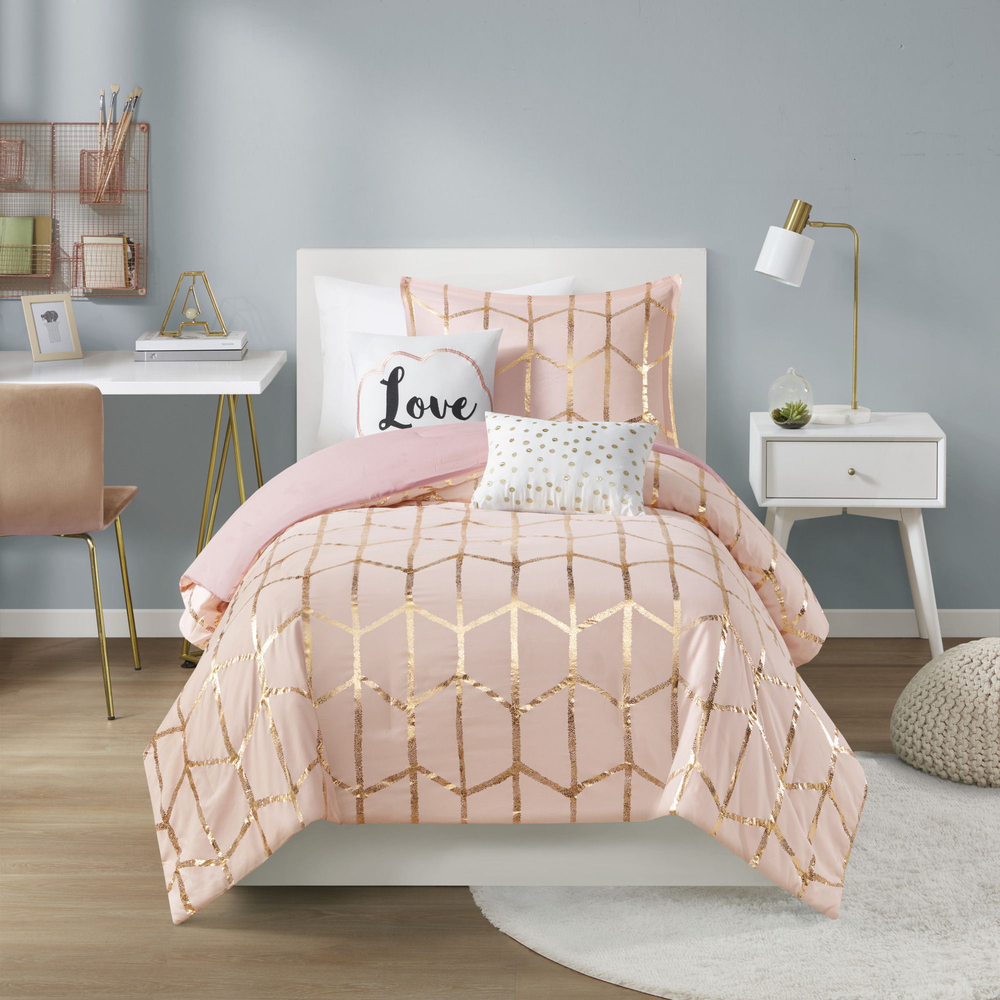 Raina - Brushed Microfiber Printed Comforter Set - Blush / Gold