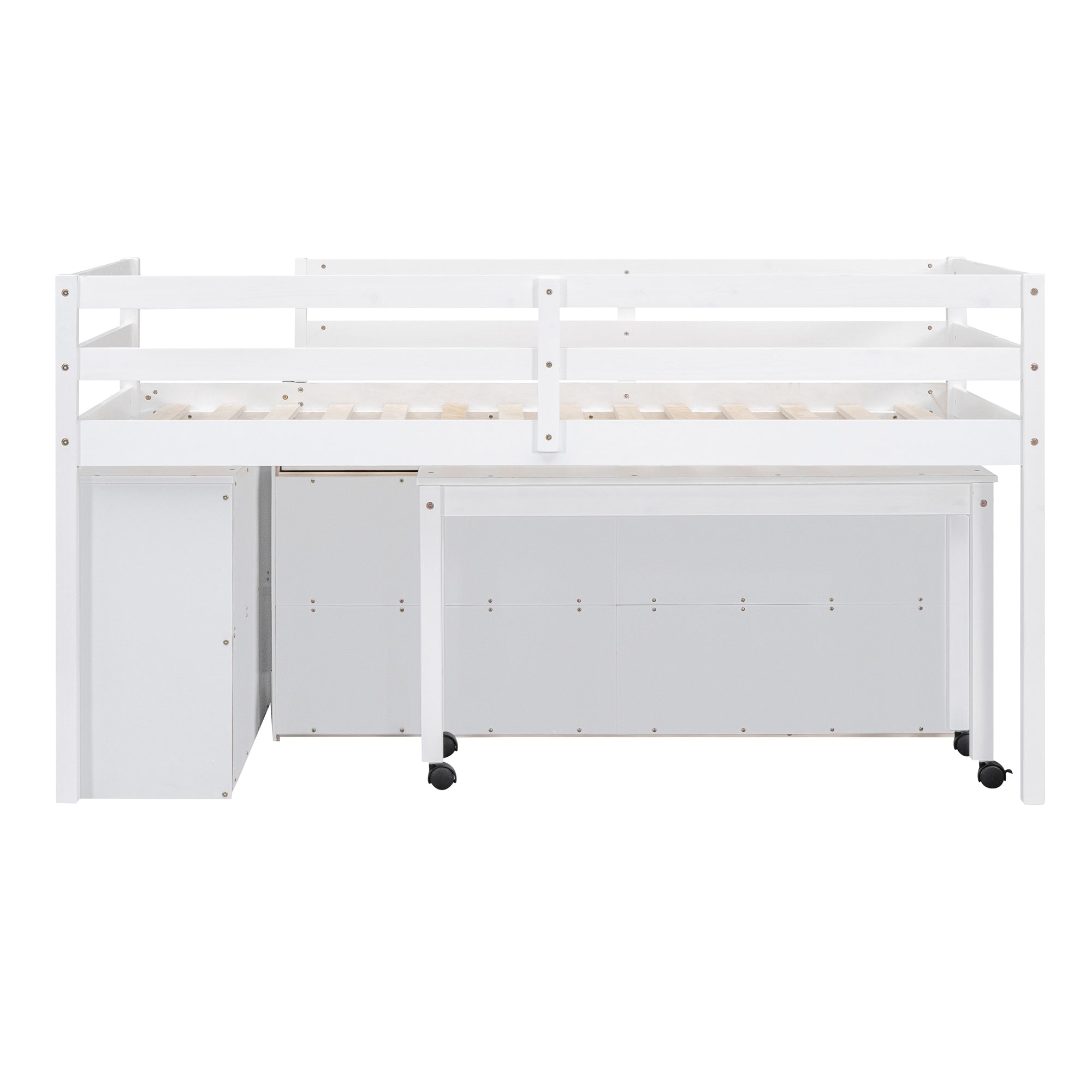 Twin Size Loft Bed with Retractable Writing Desk and 4 Drawers, Wooden Loft Bed with Lateral Portable Desk and Shelves, White