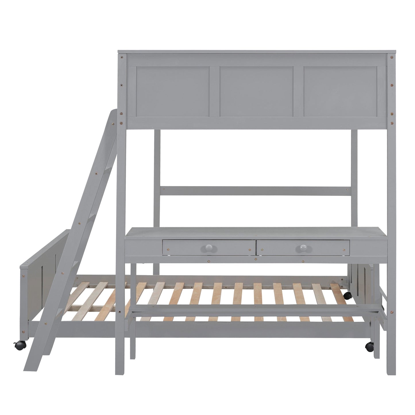 Full Over Full Bunk Bed with Desk, Gray