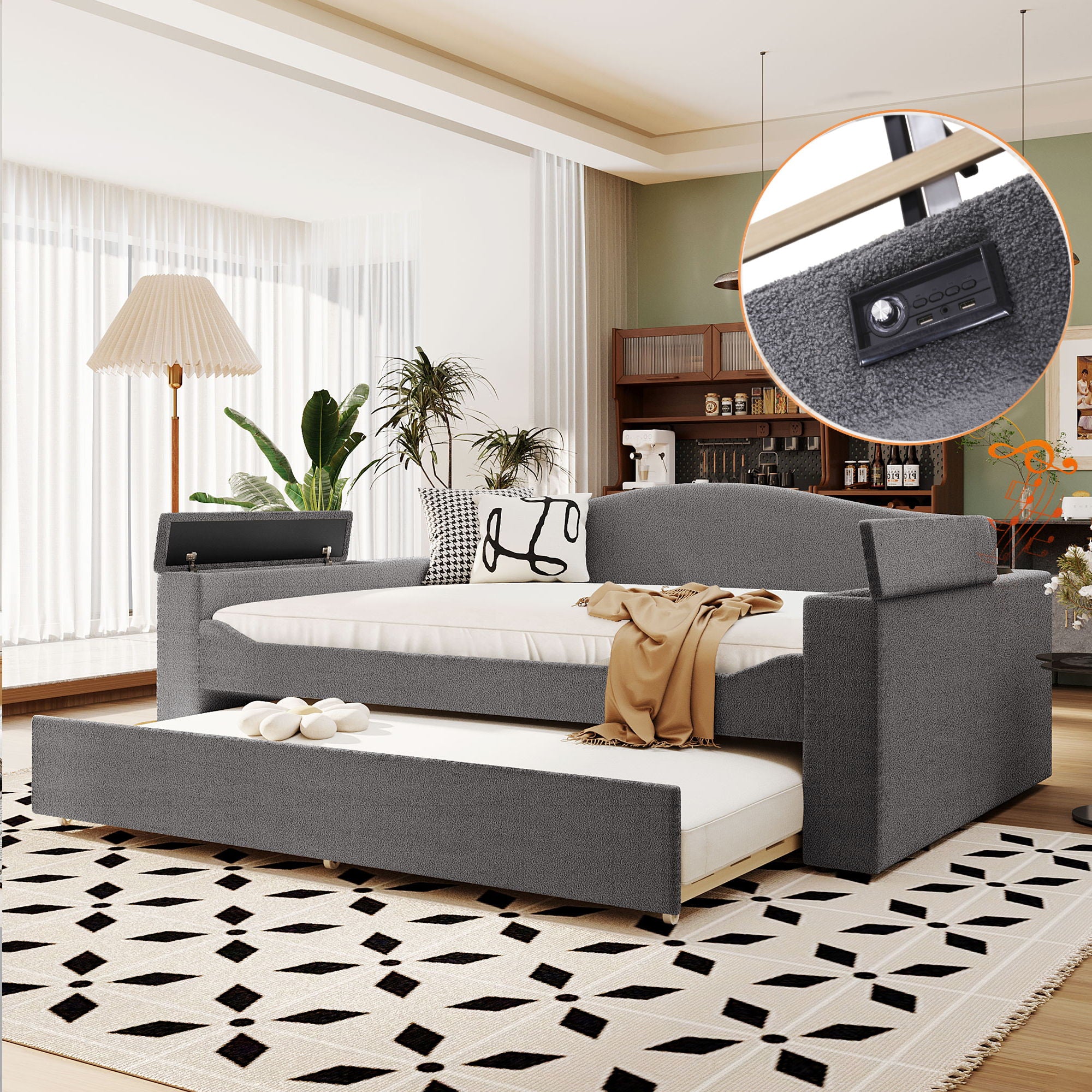 Upholstered Daybed With Storage Armrests, Trundle And Latest Integrated tooth Audio System