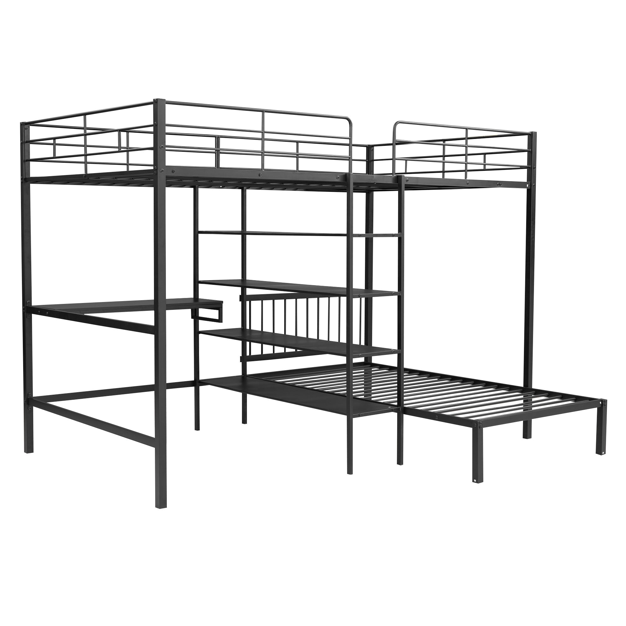 Full Over Twin Metal Bunk Bed with Built-in Desk, Shelves and Ladder, Black