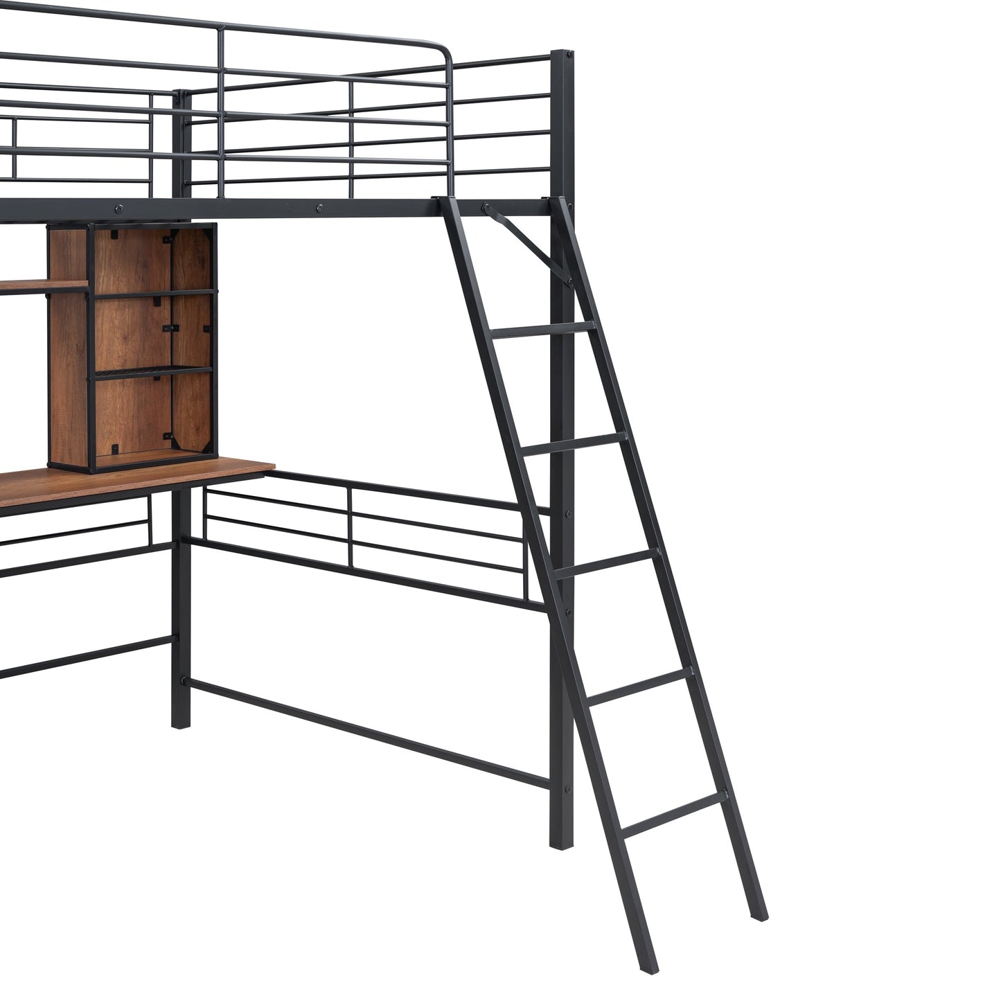 Full Size Loft Bed with Desk and Shelf , Loft Bed with Ladder,Full,Black