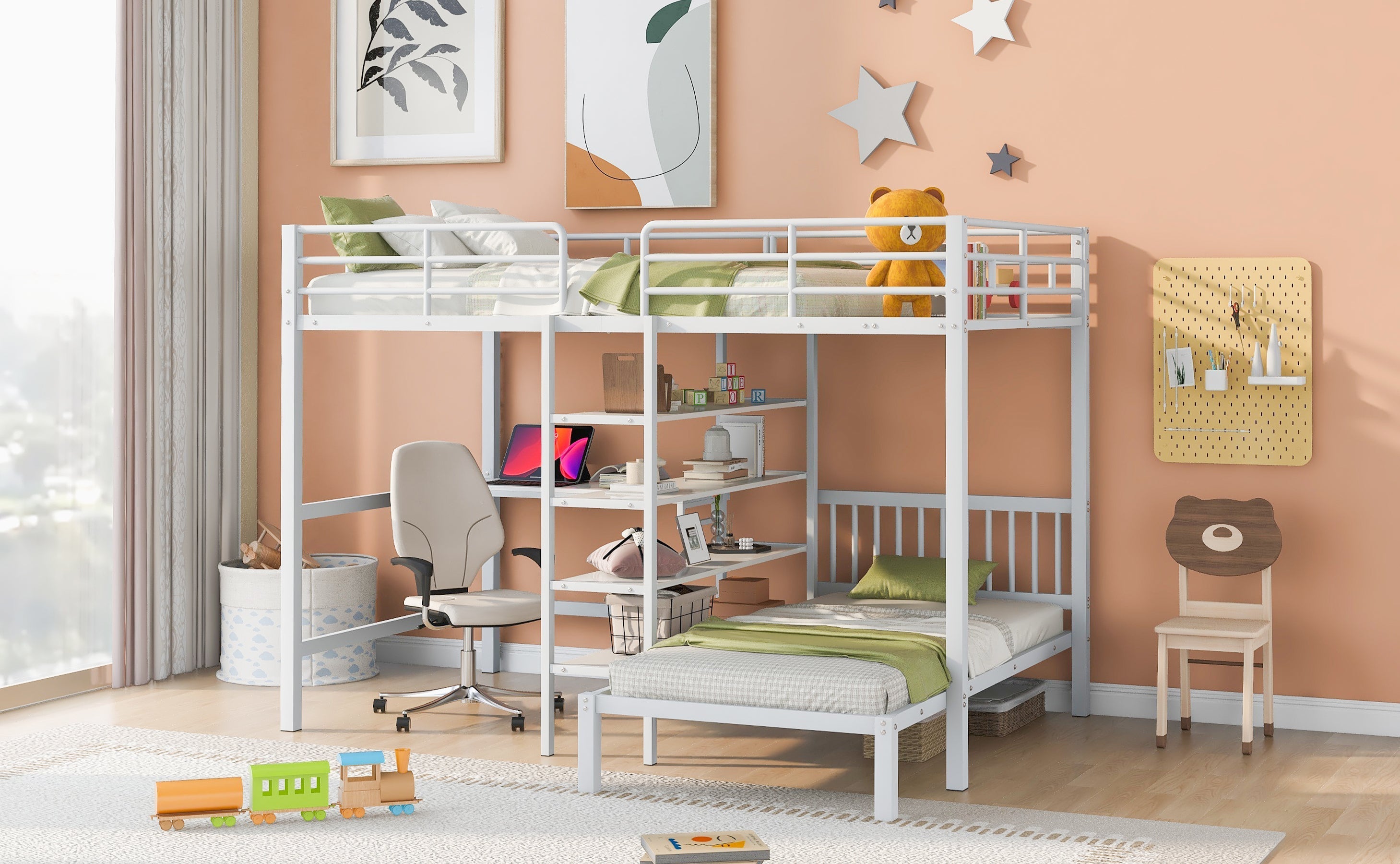 Full Over Twin Metal Bunk Bed with Built-in Desk, Shelves and Ladder, White