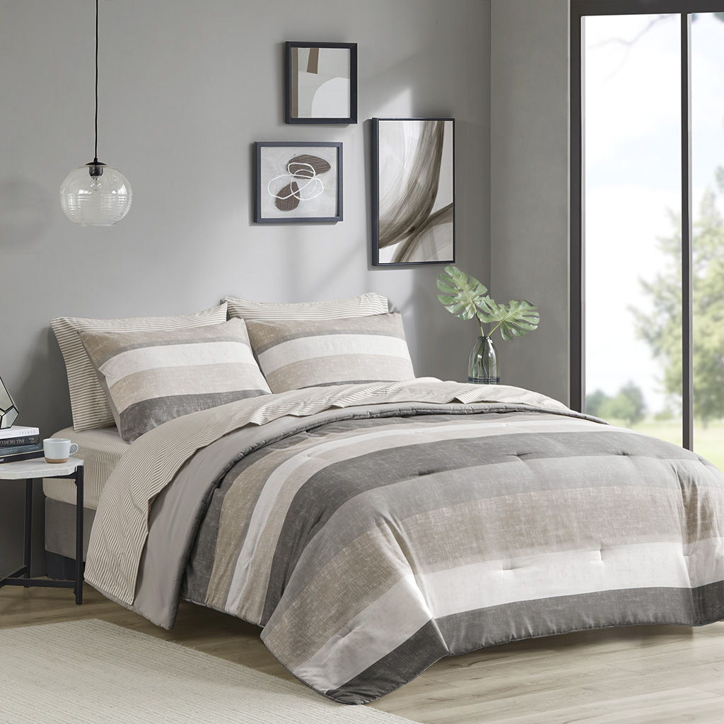Jaxon - Stripe Comforter Set With Bed Sheets - Taupe / Gray