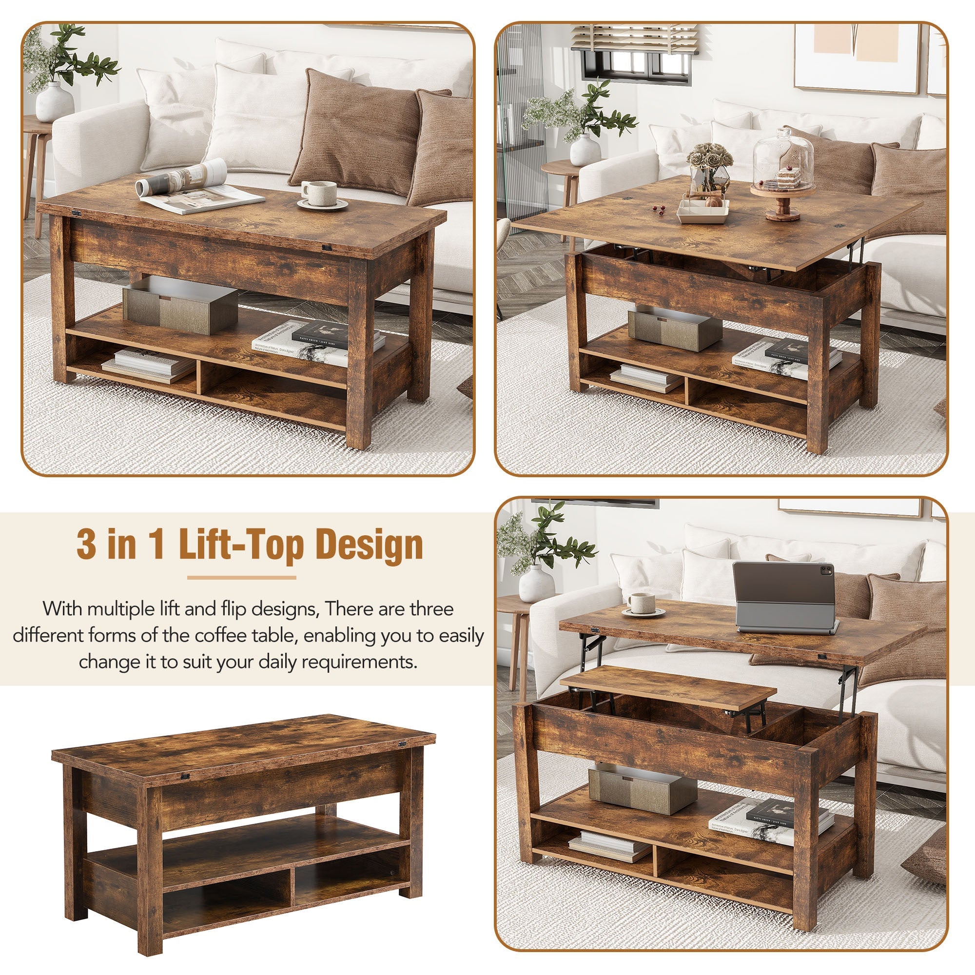 Lift Top Coffee Table, Multi-Functional Coffee Table with Open Shelves, Modern Lift Tabletop Dining Table for Living Room, Home Office, Rustic Brown