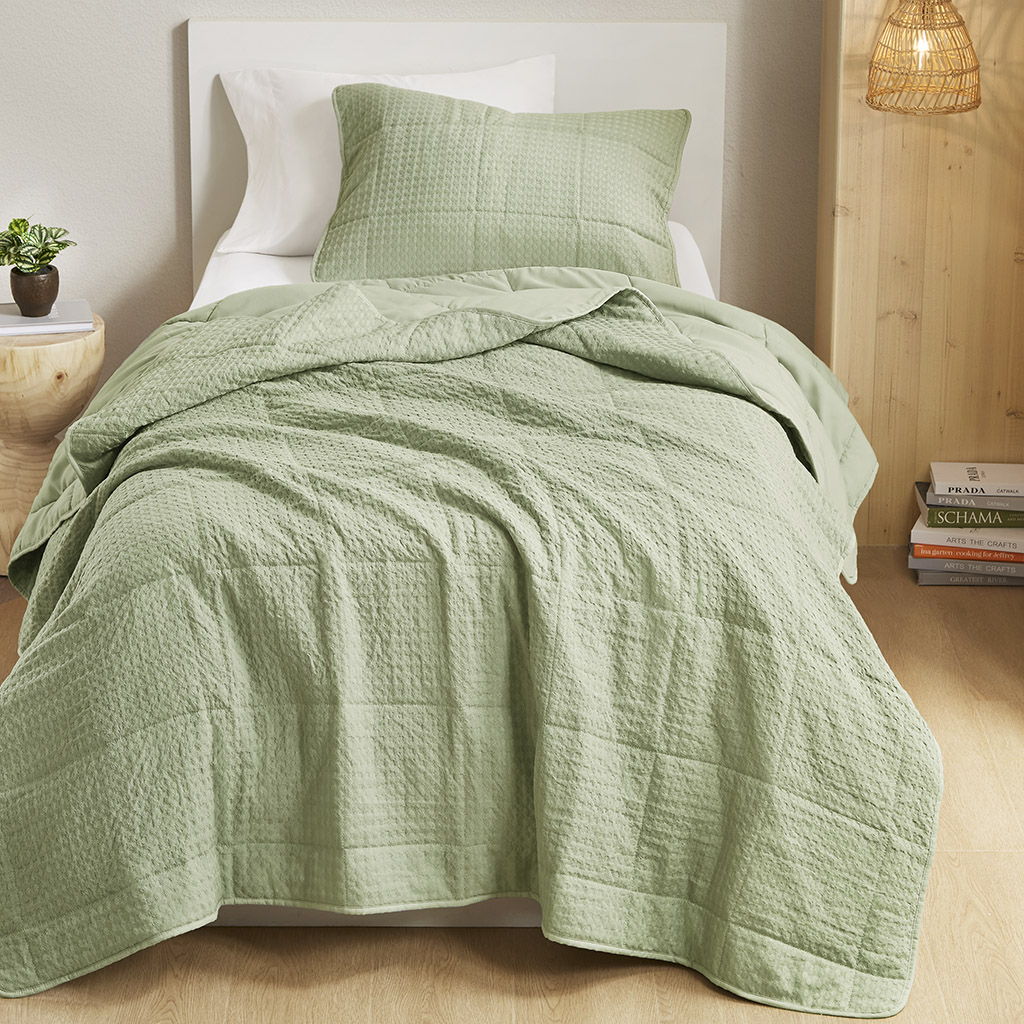 Mina - Twin/Twin Long Waffle Weave Textured Quilt Set - Green