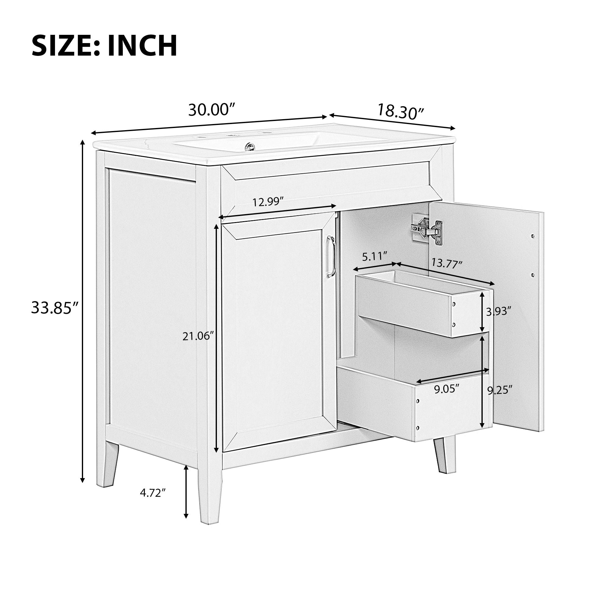 Bathroom Vanity With Sink, Combo, Cabinet With Doors And Drawer, Solid Frame And MDF Board