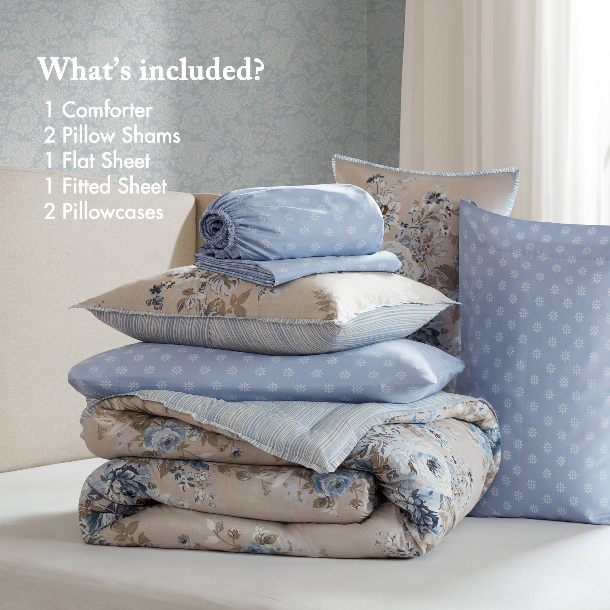 Heather - Queen 7 Piece Vintage-Inspired Floral Print - Beige / Blue