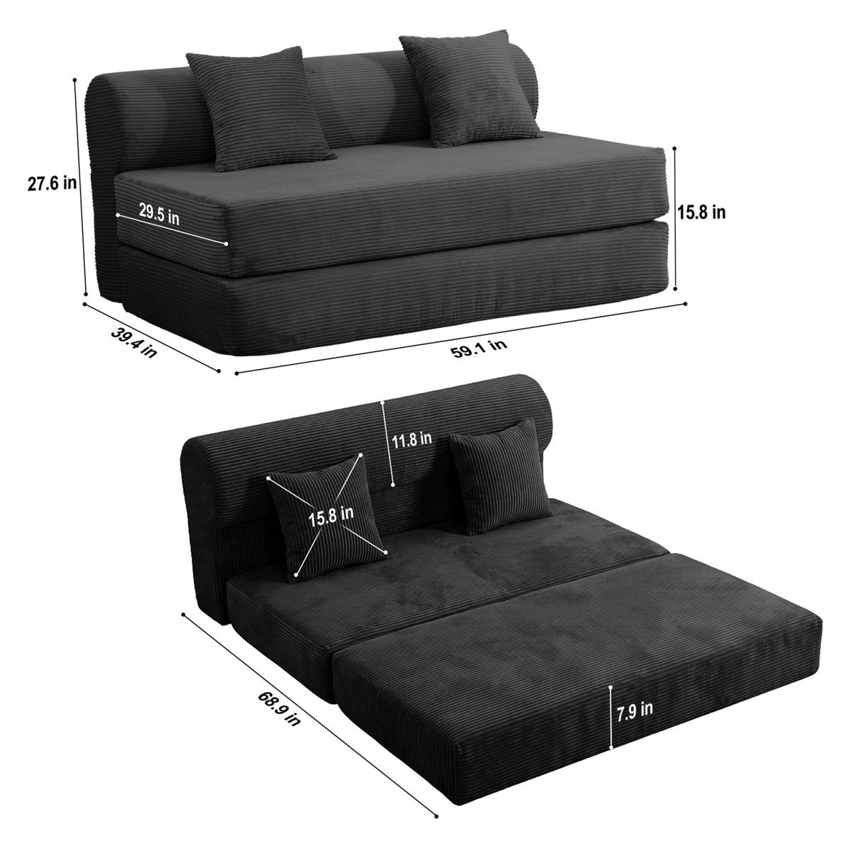 Convertible Sofa Bed, 2 Seater Fold Out Floor Couch