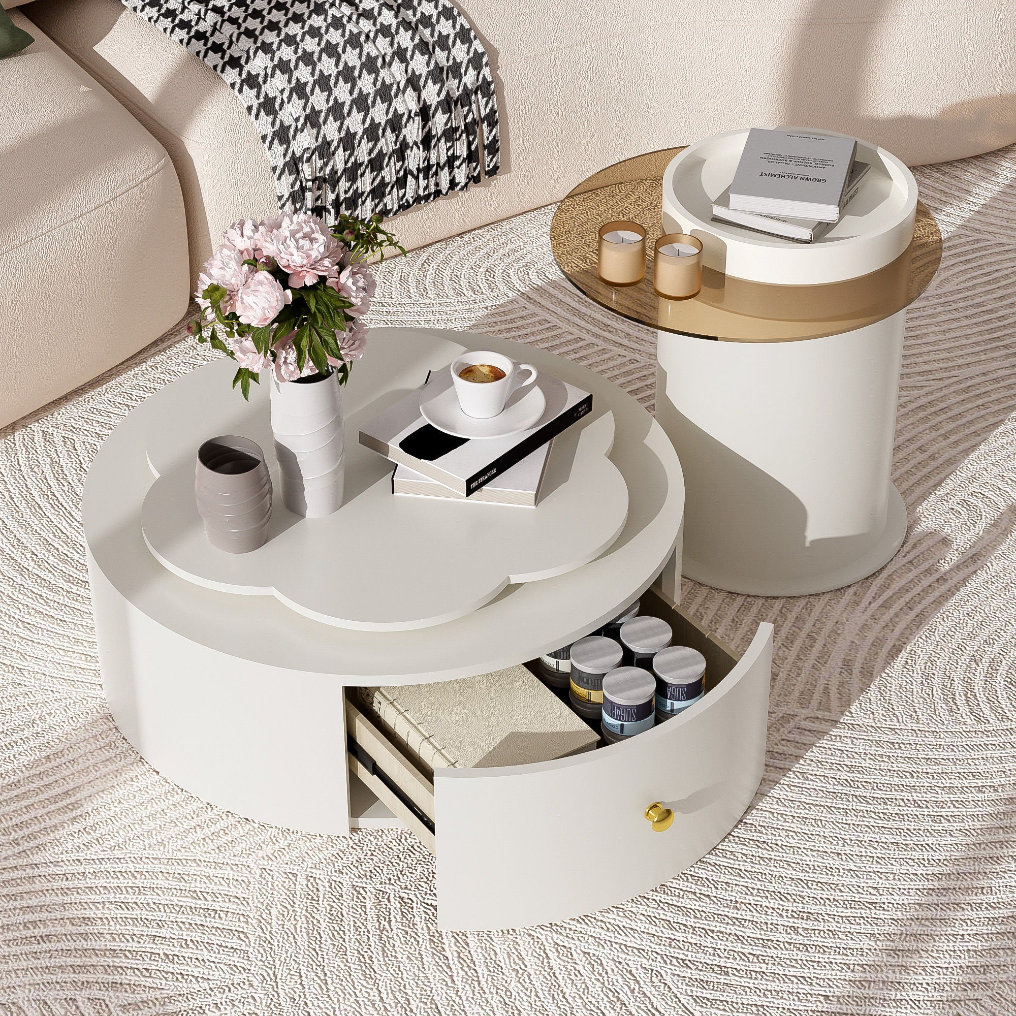 Modern Round Coffee Table (Set of 2), 360 Degree Rotatable Flower Shaped Top With 2 Drawers, Top Circle Side Table End Table With Glass For Living Room - Off White