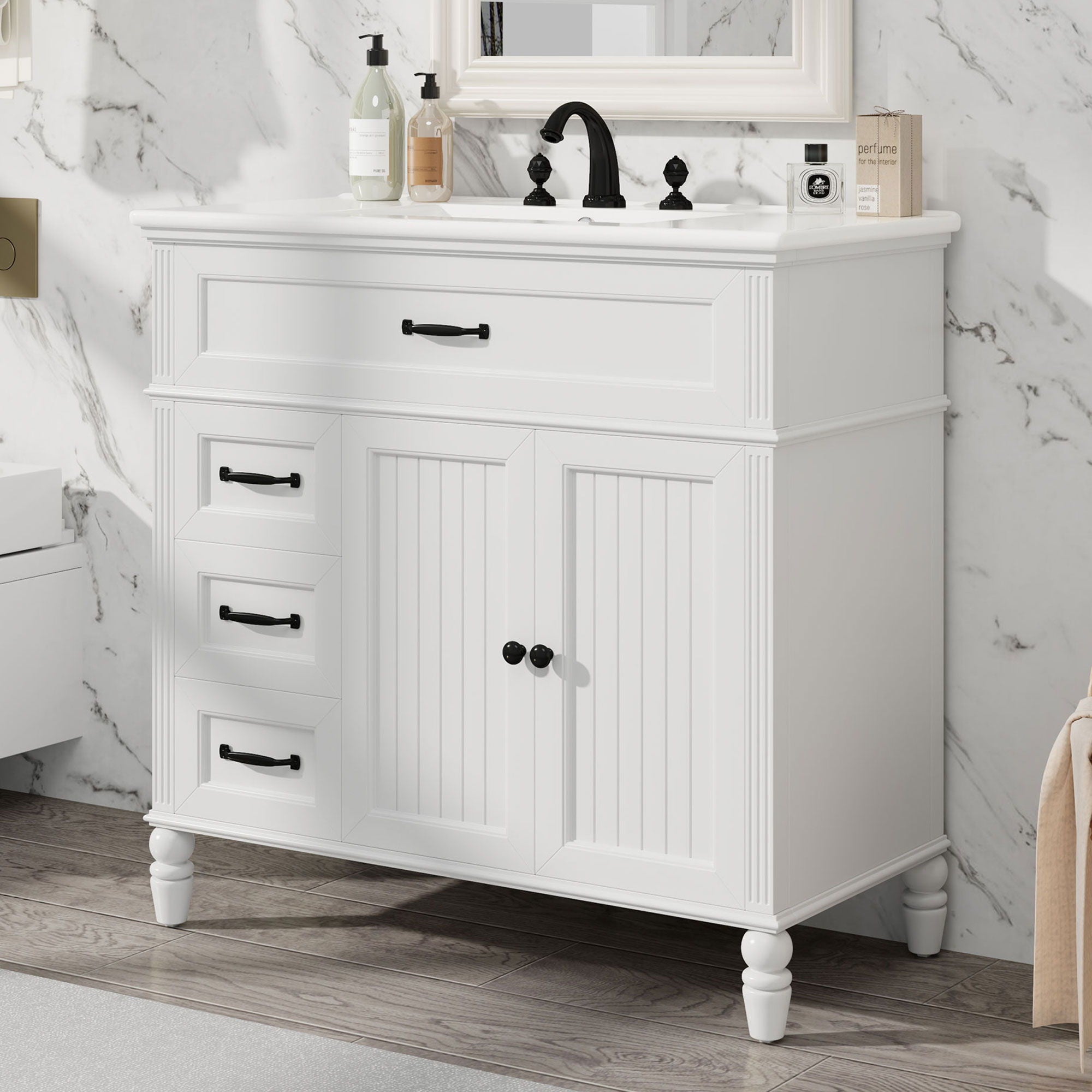 Bathroom Vanity With Sink, 2 Door Storage With Soft Closing Hinges - White