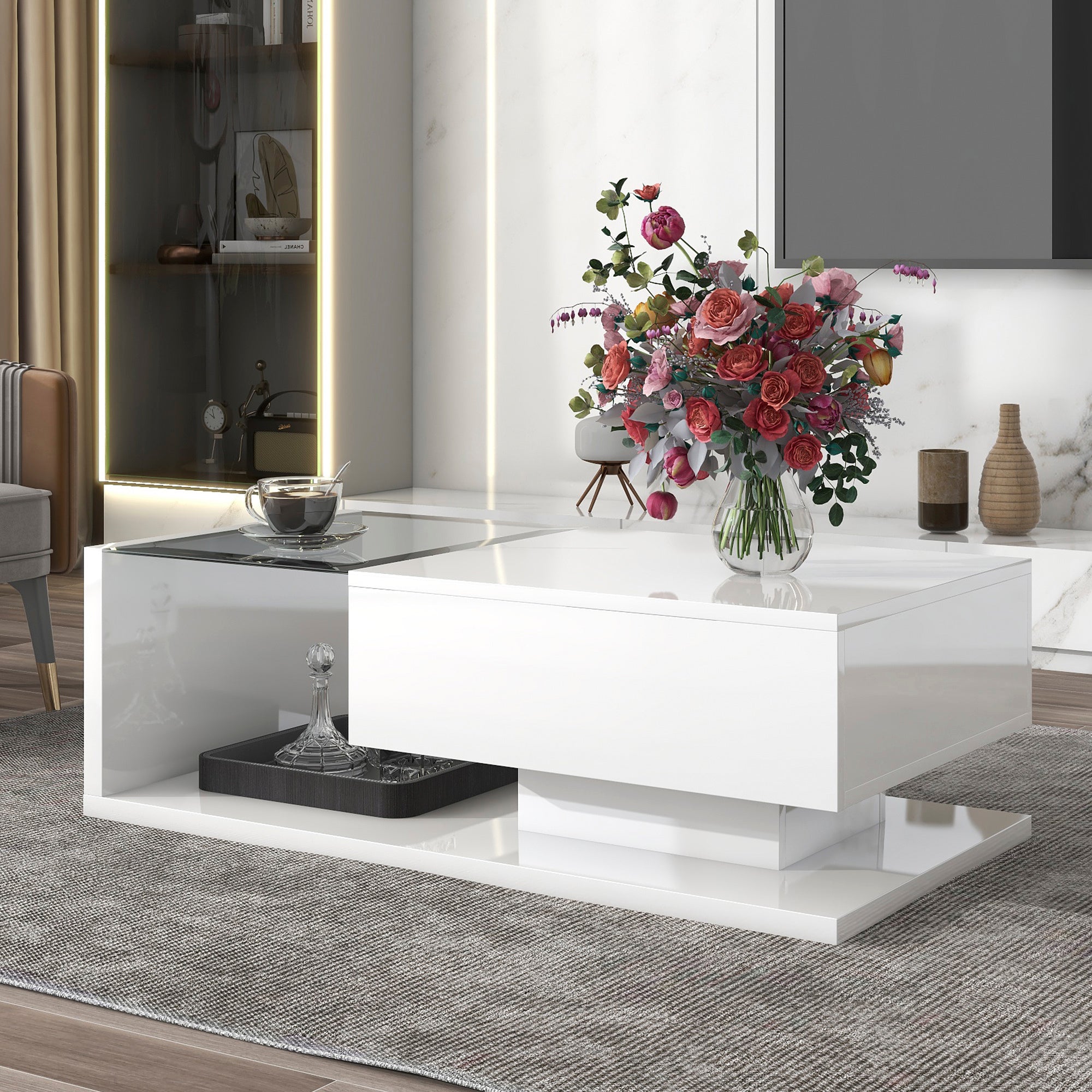 Modern Coffee Table with Tempered Glass, Wooden Cocktail Table with High-gloss UV Surface, Modernist 2-Tier Rectangle Center Table for Living Room, White