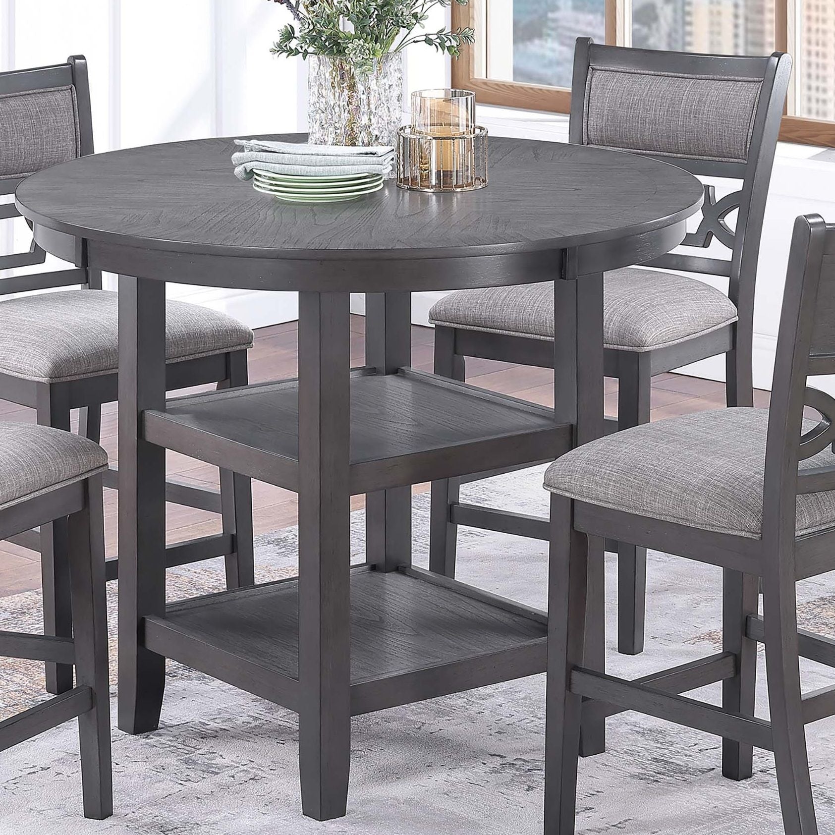 5 Piece Counter Height Dining Set With Storage Shelves Round Table And Upholstered High Chairs - Gray