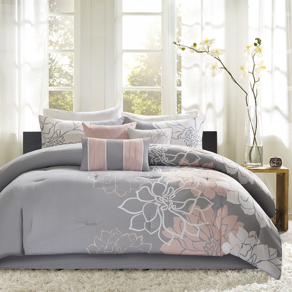 Lola - Queen Comforter Set - Gray / Blush