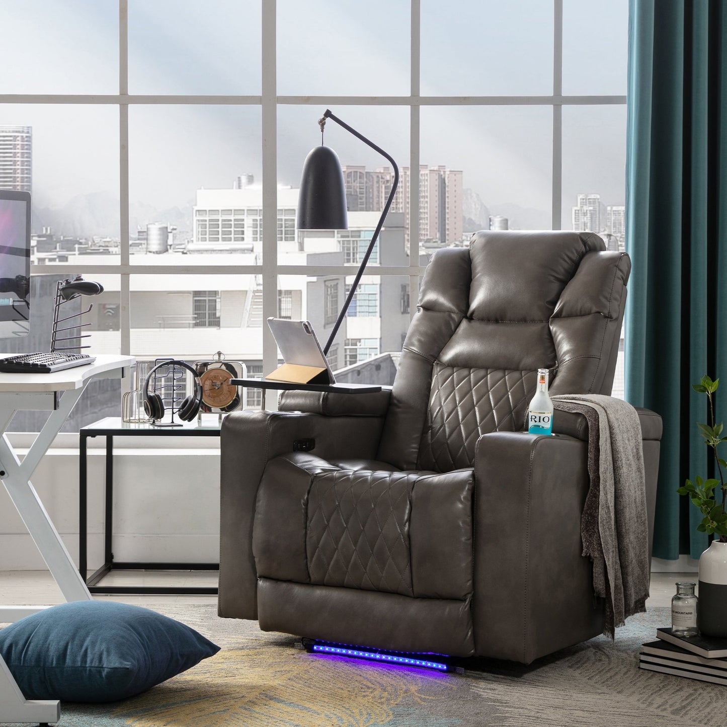 Power Motion Recliner with USB Charging Port and Hidden Arm Storage, Home Theater Seating with 2 Convenient Cup Holders Design and 360° Swivel Tray Table(old sku: SG000441AAA)