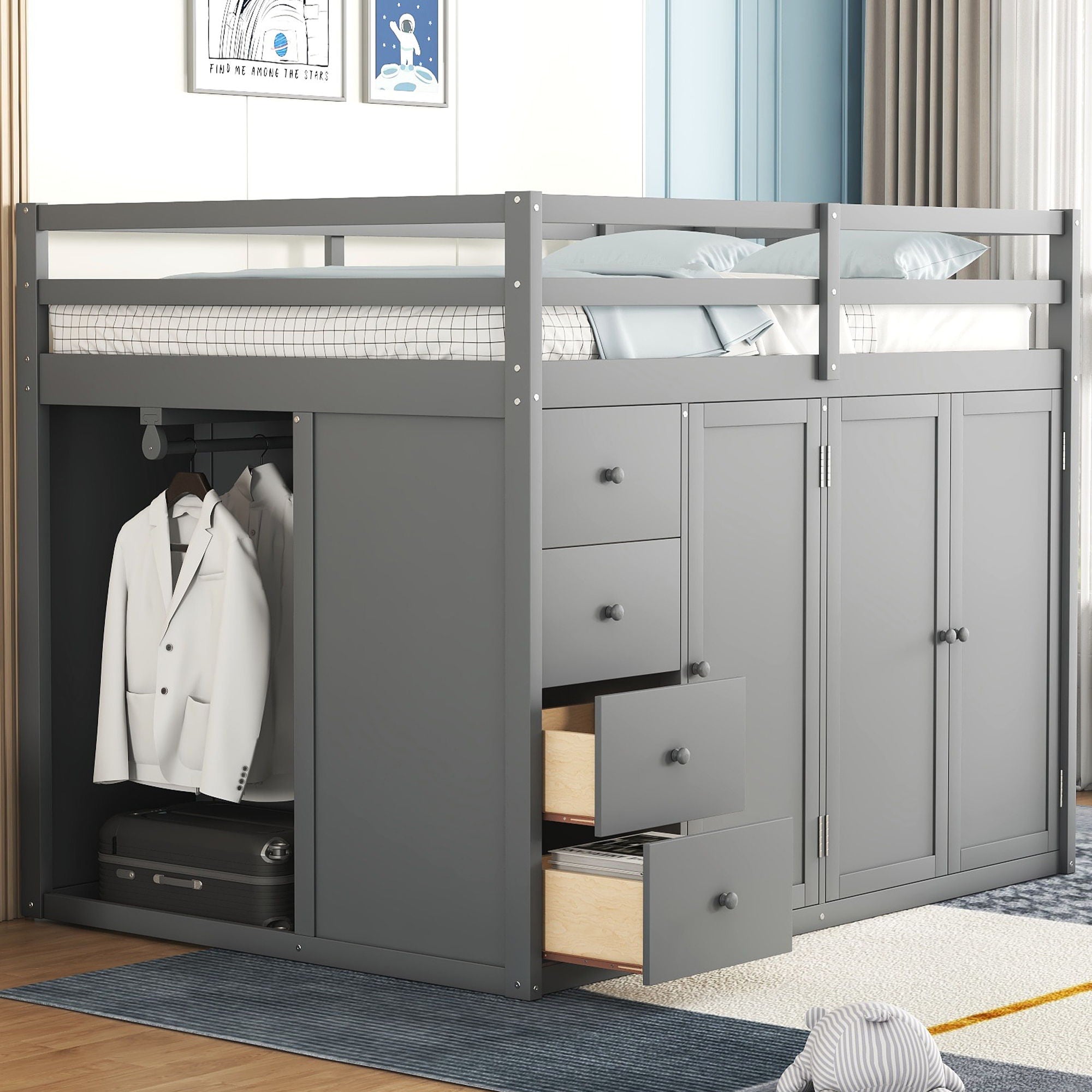 Loft Bed With Built In Wardrobes, Cabinets And Drawers