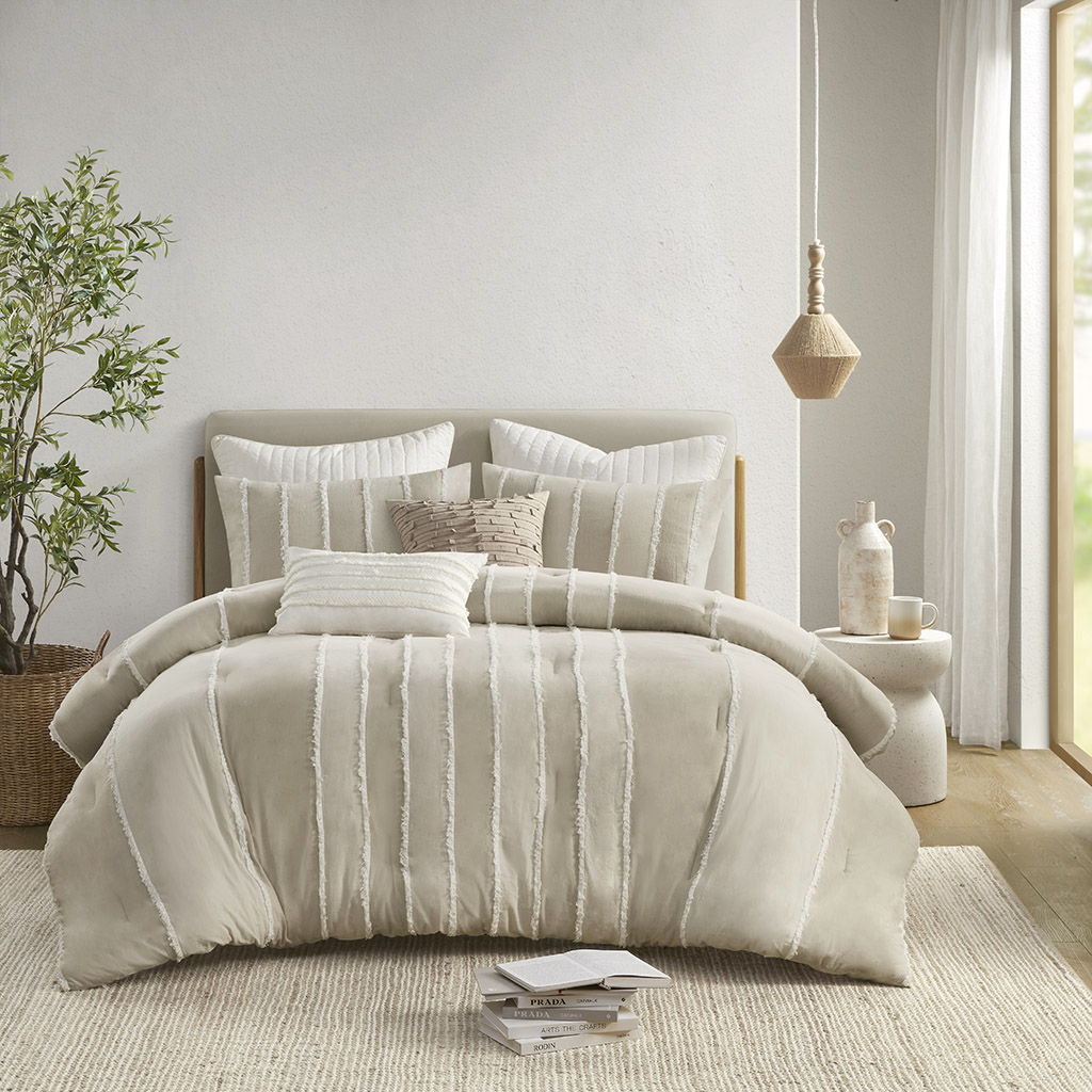 Shay - 3 Piece Striped Cotton Comforter Set - Taupe