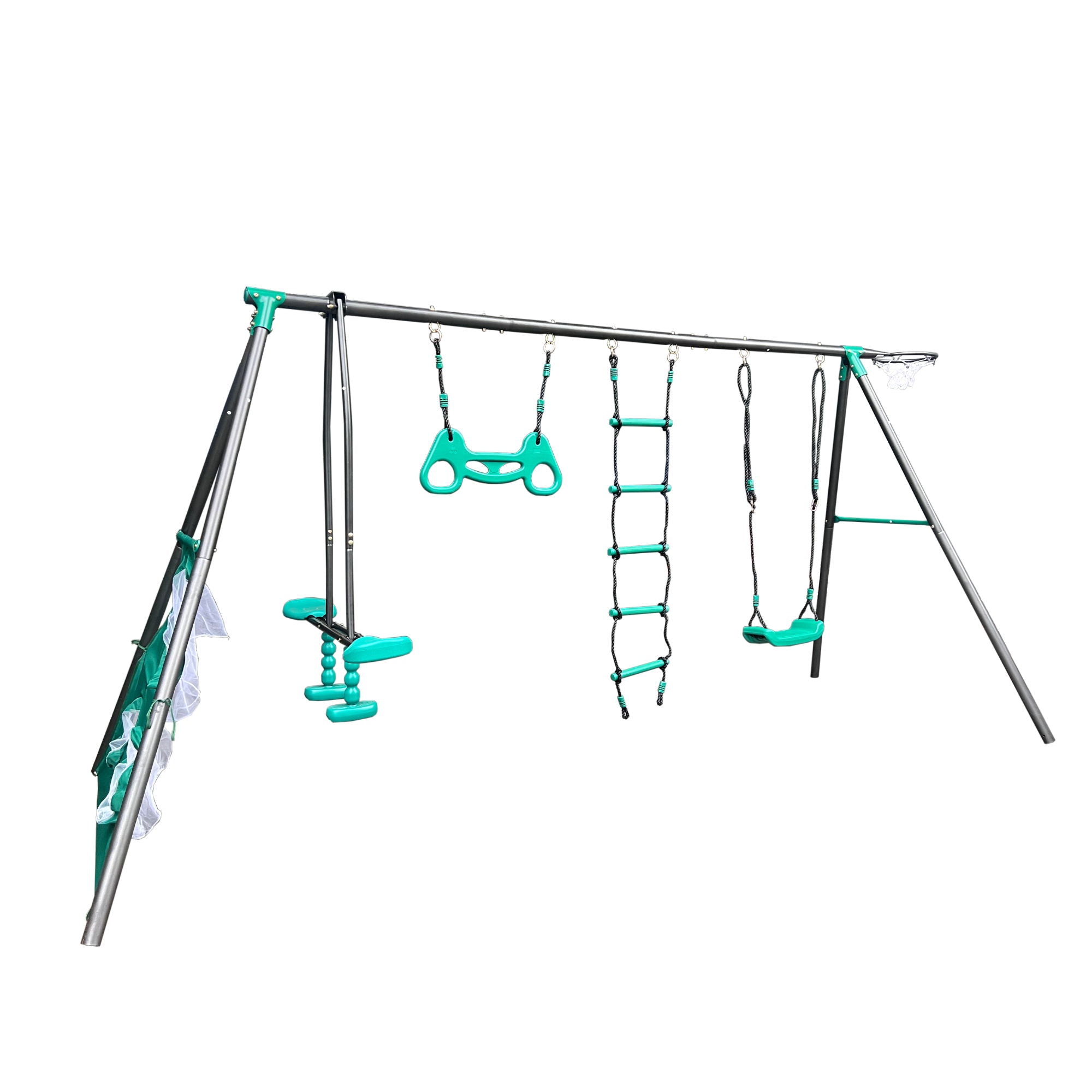 Interesting Four Function Swingset With Face To Face Metal Plastic Safe Swing Seat 550Lbs For Outdoor Playground For Age 3+ - Blackish Green