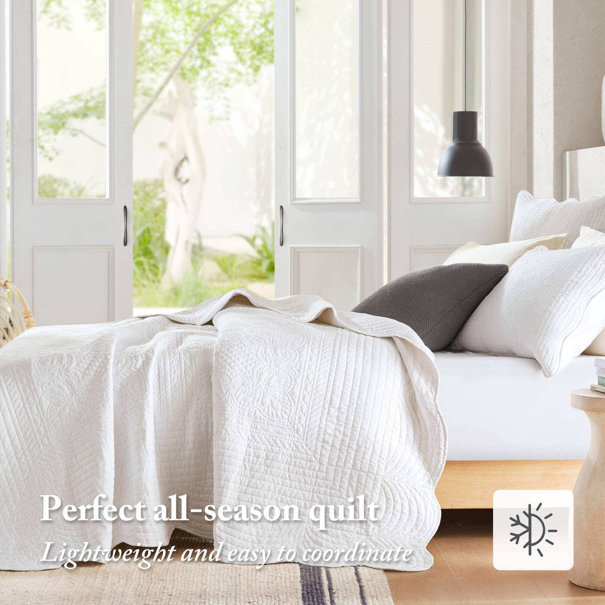 Tuscany - 3 Piece Reversible Scalloped Edge Coverlet Set - White