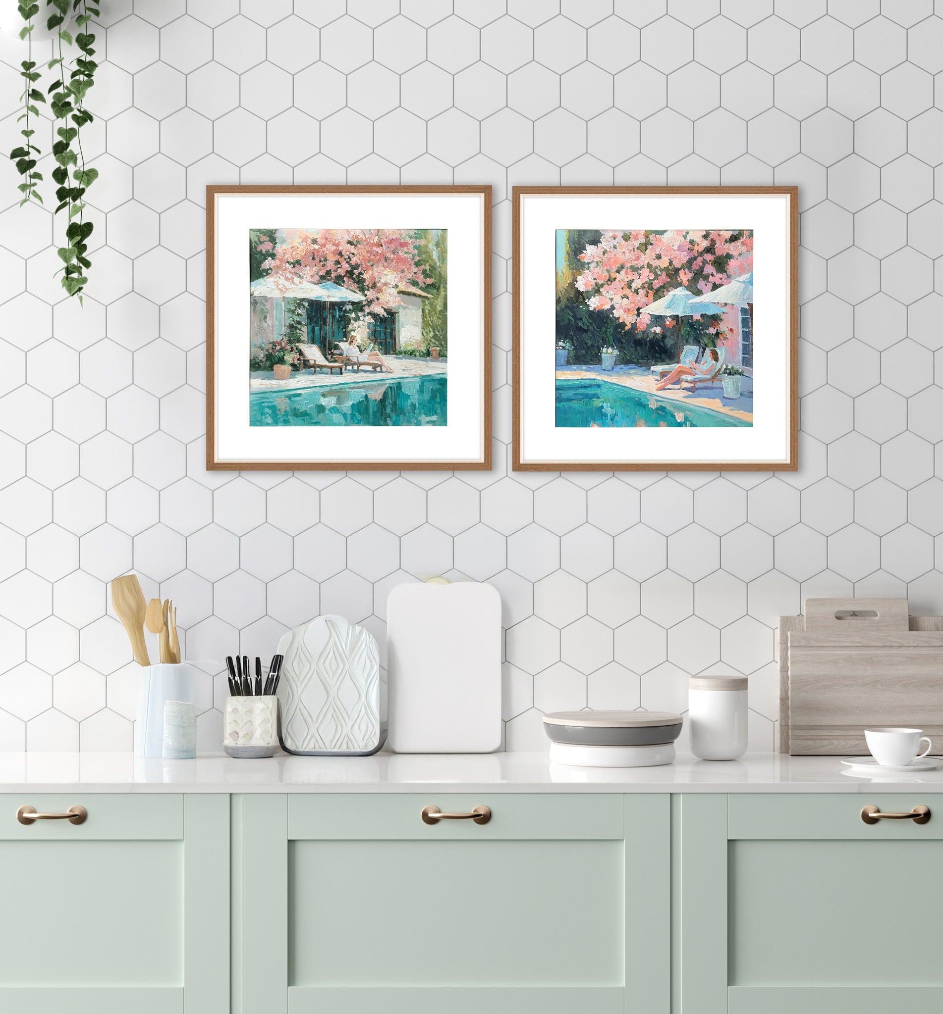 Poolside Blossom II Hand-Embellished Print In Frame - Green