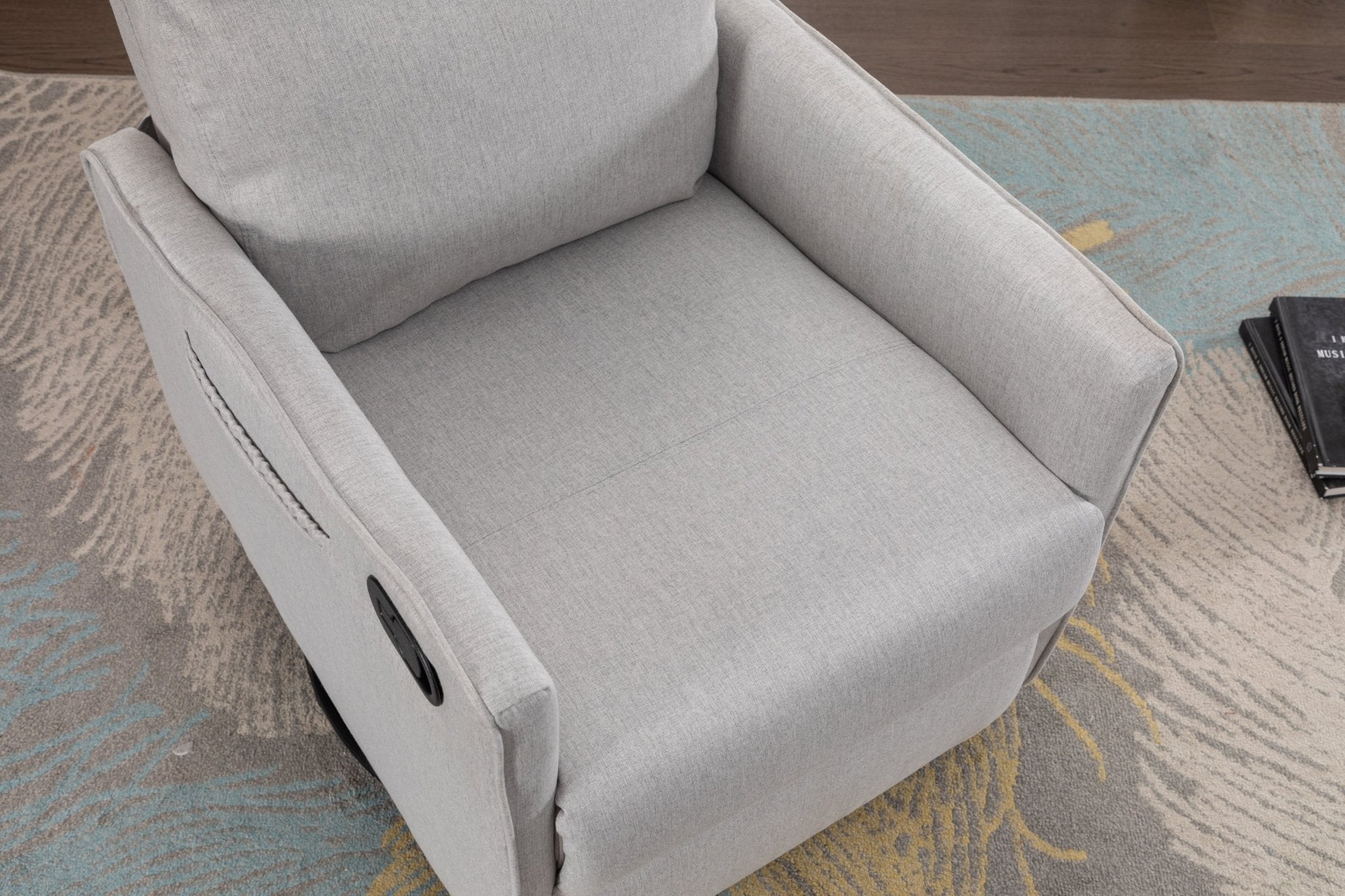 038-Cotton Linen Fabric Swivel Rocking Chair Glider Rocker Recliner Nursery Chair With Adjustable Back And Footrest For Living Room Indoor,Light Gray