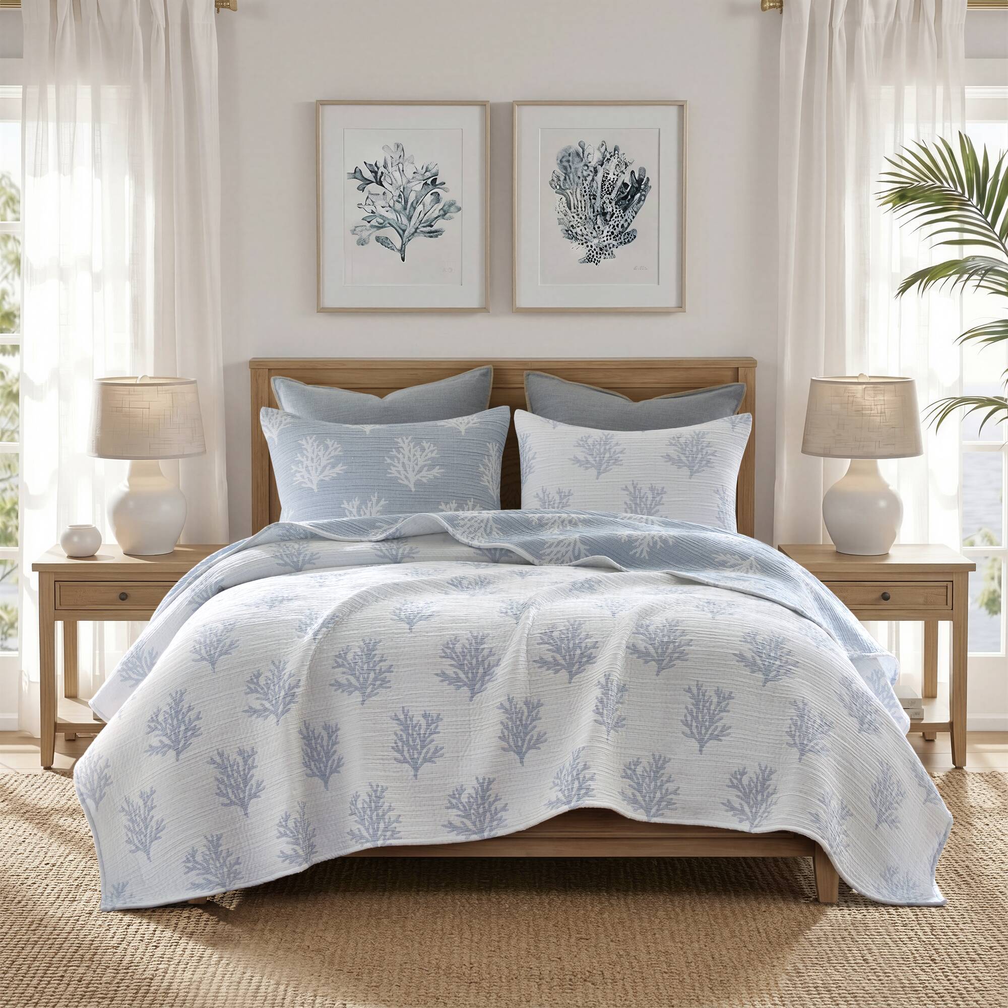 Mia Coral - 3 Piece Full Quilt Mini Set - Blue / Gray