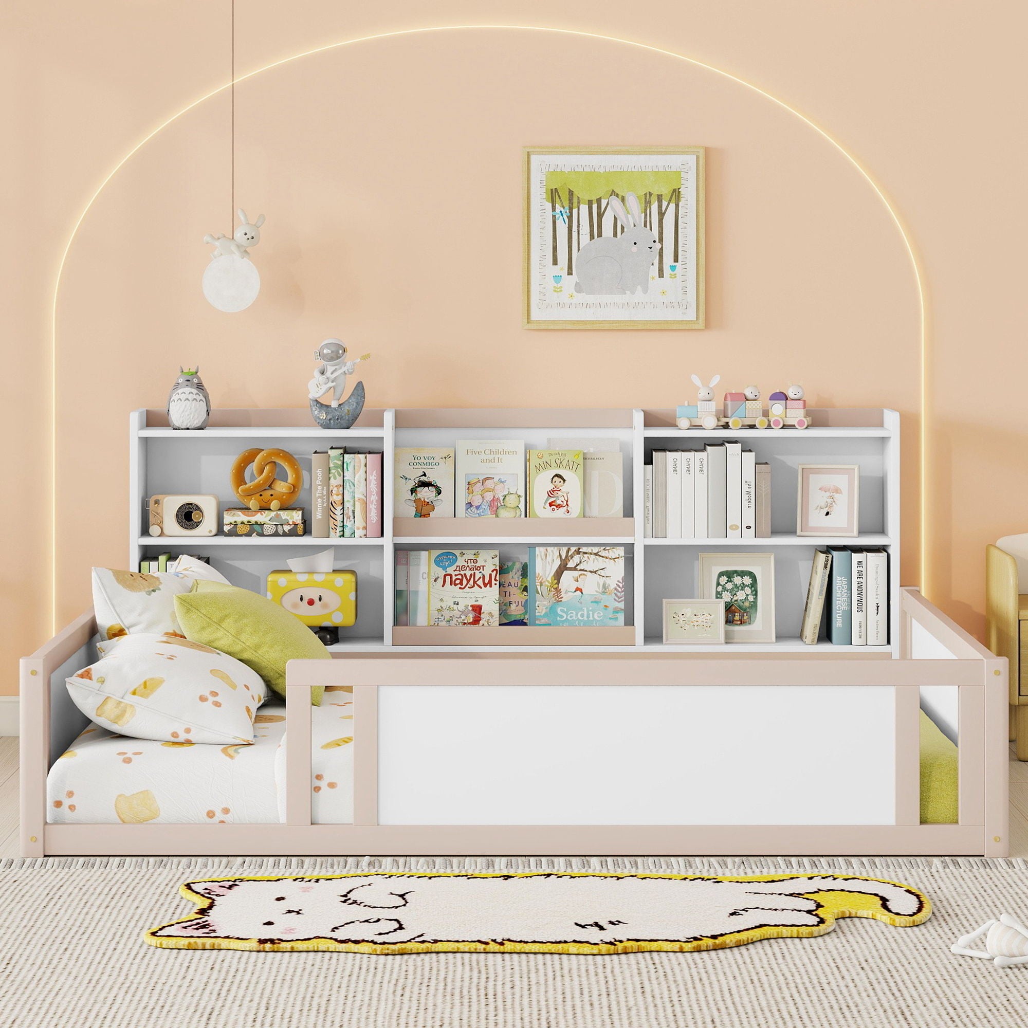 Platform Floor Bed With Guardrail Fence And Side Storage Shelves