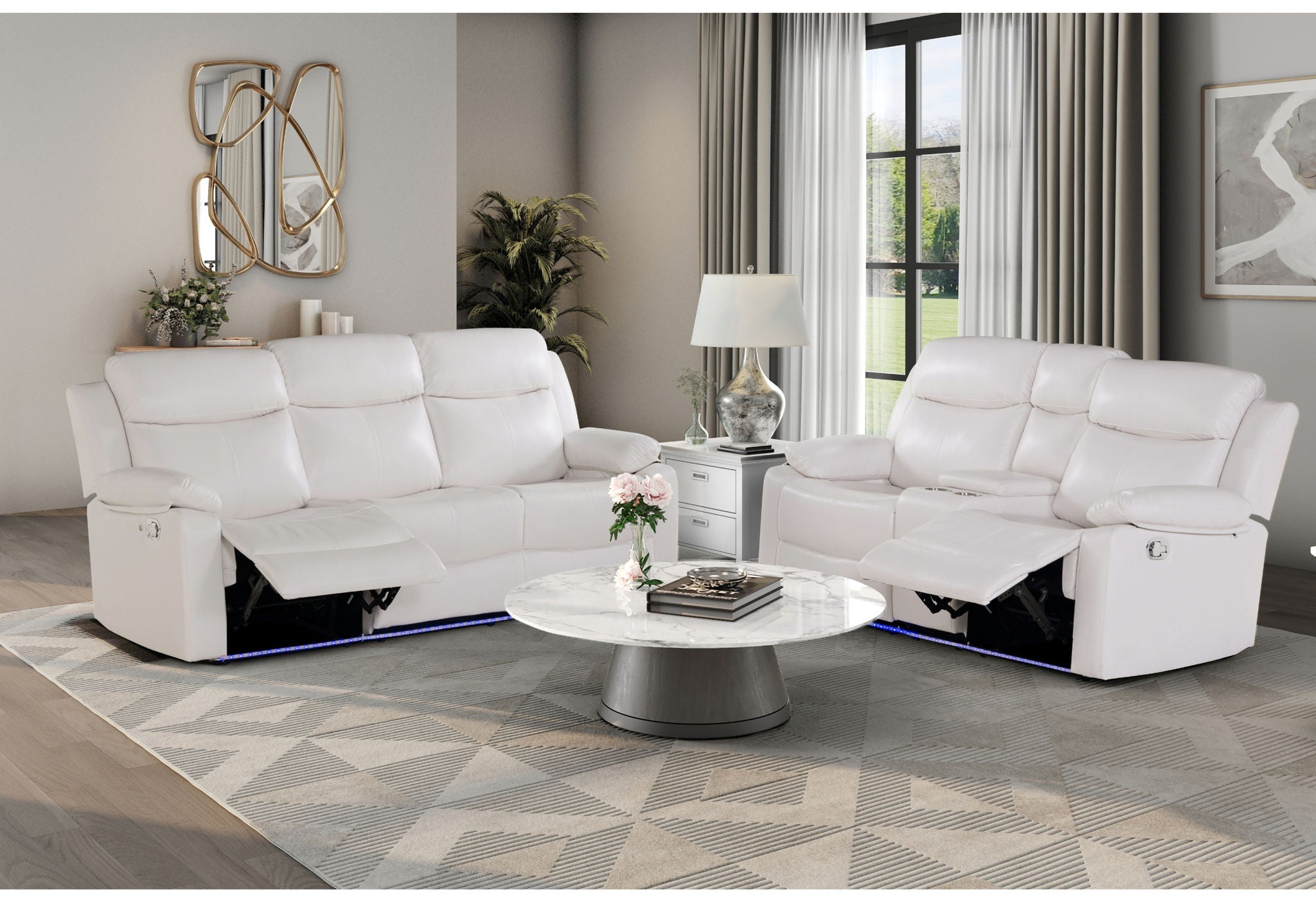 U6026 - 2 Piece Living Room Set (Reclining Sofa, Console Reclining Loveseat With LED) - White