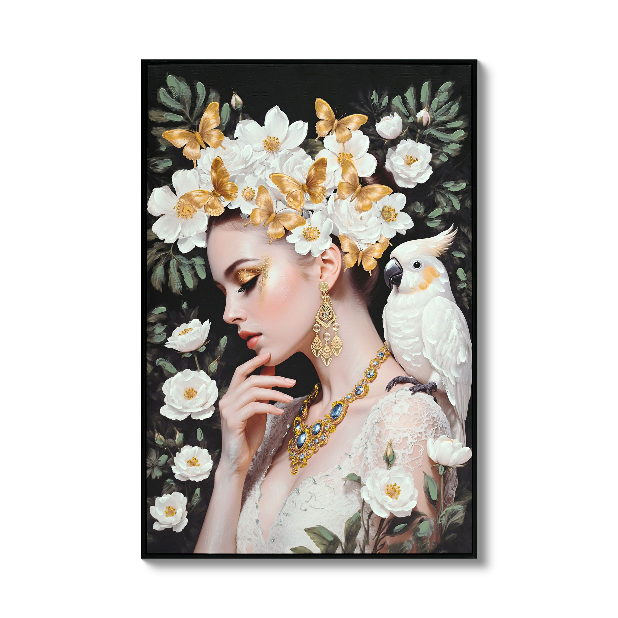 Beauty Posters Beauty Lady Wall Art And Floral Canvas Artwork For Living Room - Ivory / Gold