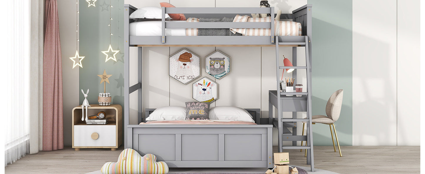 Full Over Full Bunk Bed with Desk, Gray