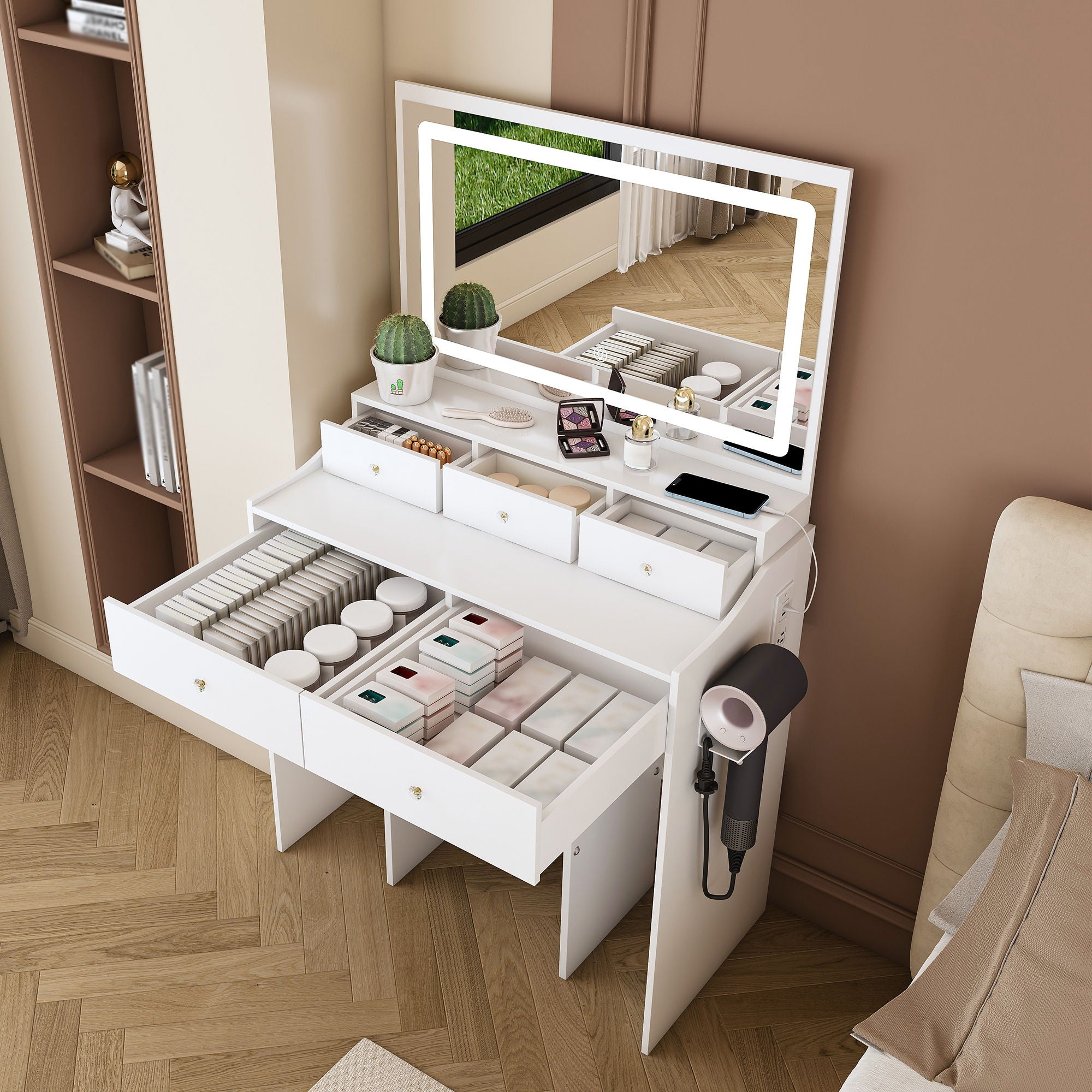 Modern Makeup Vanity Set With Power Outlet, Hair Dryer Holder, And Adjustable Lighting