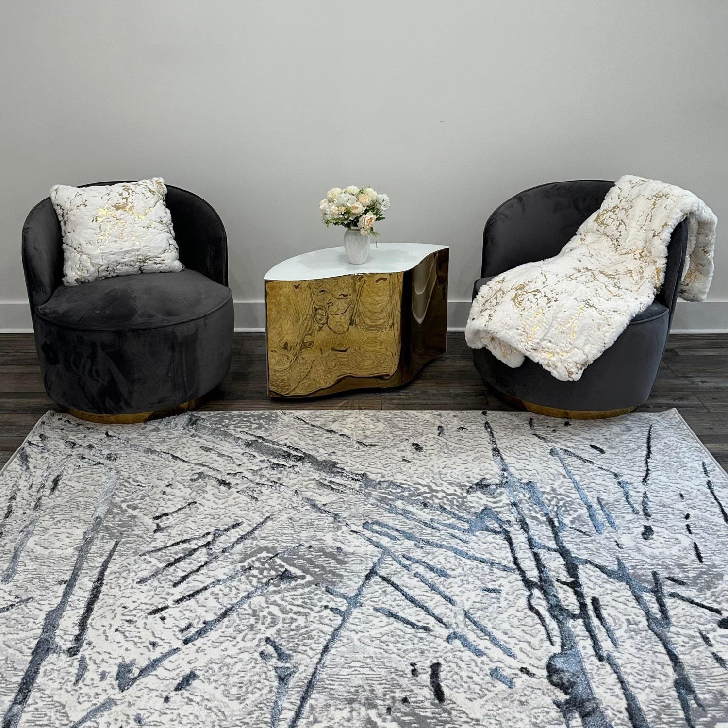 Shifra Luxury Area Rug in Gray with Silver Abstract Design