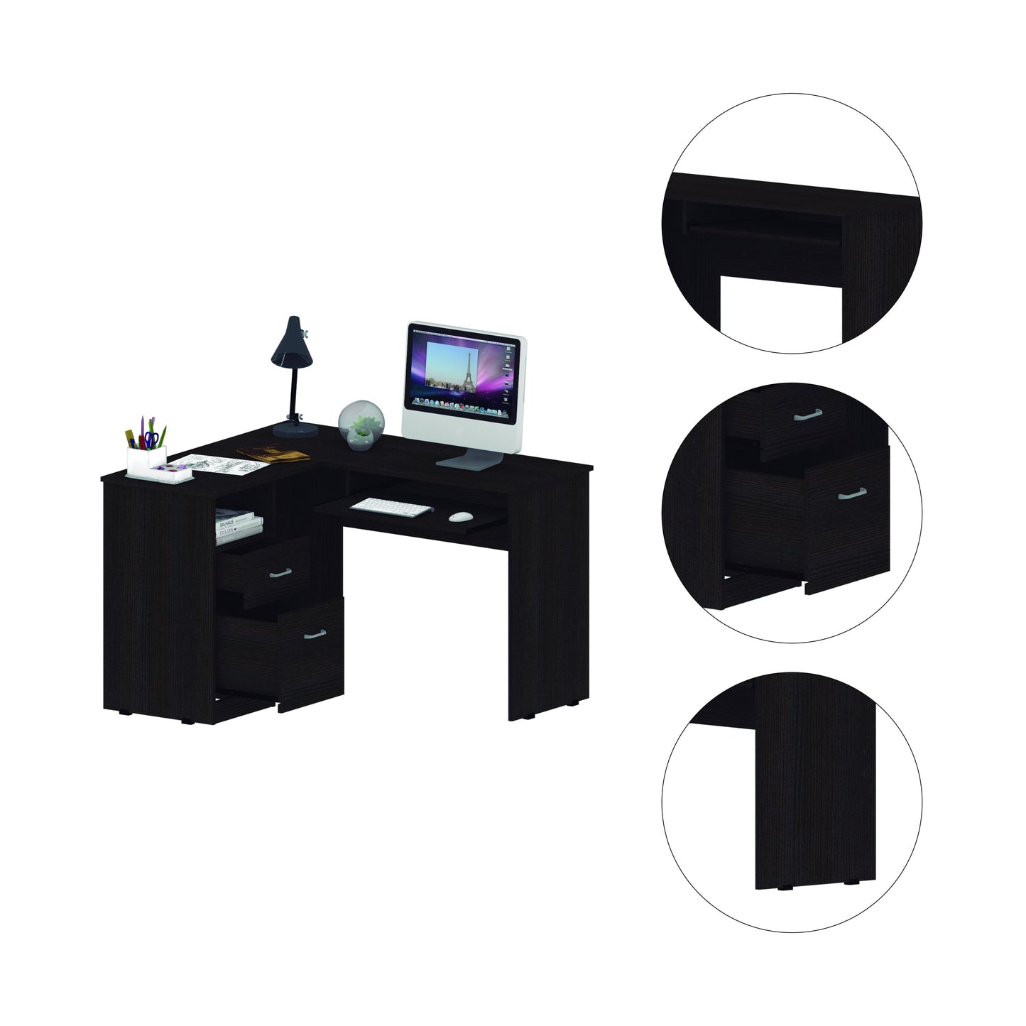 Mix L-Shaped Desk, Keyboard Tray, Two Drawers, Single Open Shelf -Black